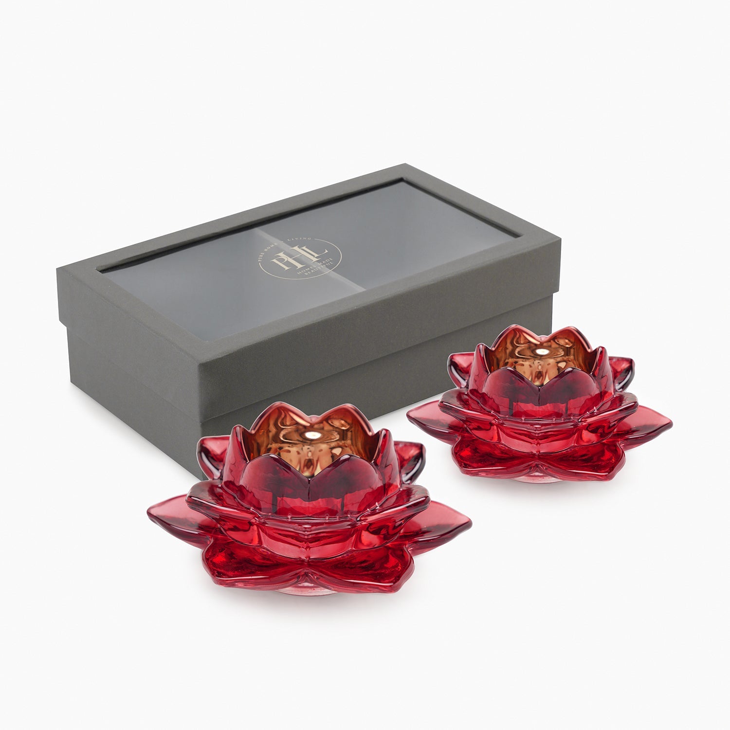Set of 2 Red Glass Lotus Shaped Tealight Holders