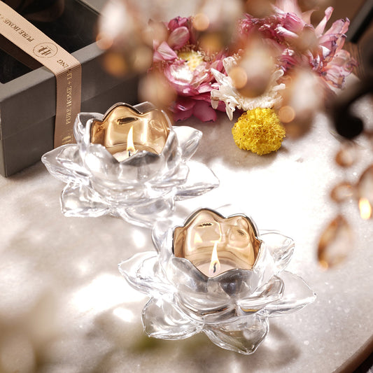 Set of 2 Clear Glass Lotus Shaped Tealight Holders