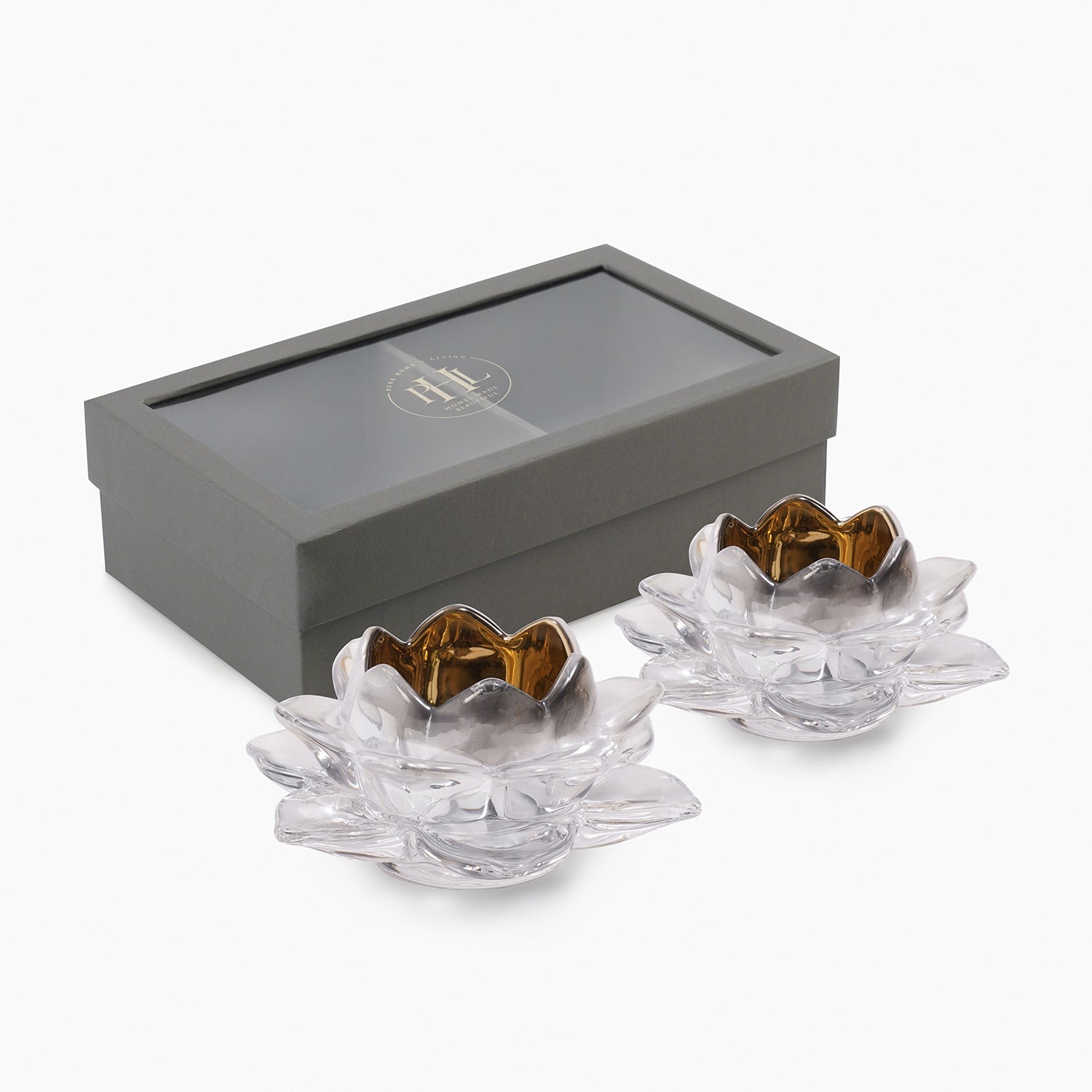 Set of 2 Clear Glass Lotus Shaped Tealight Holders