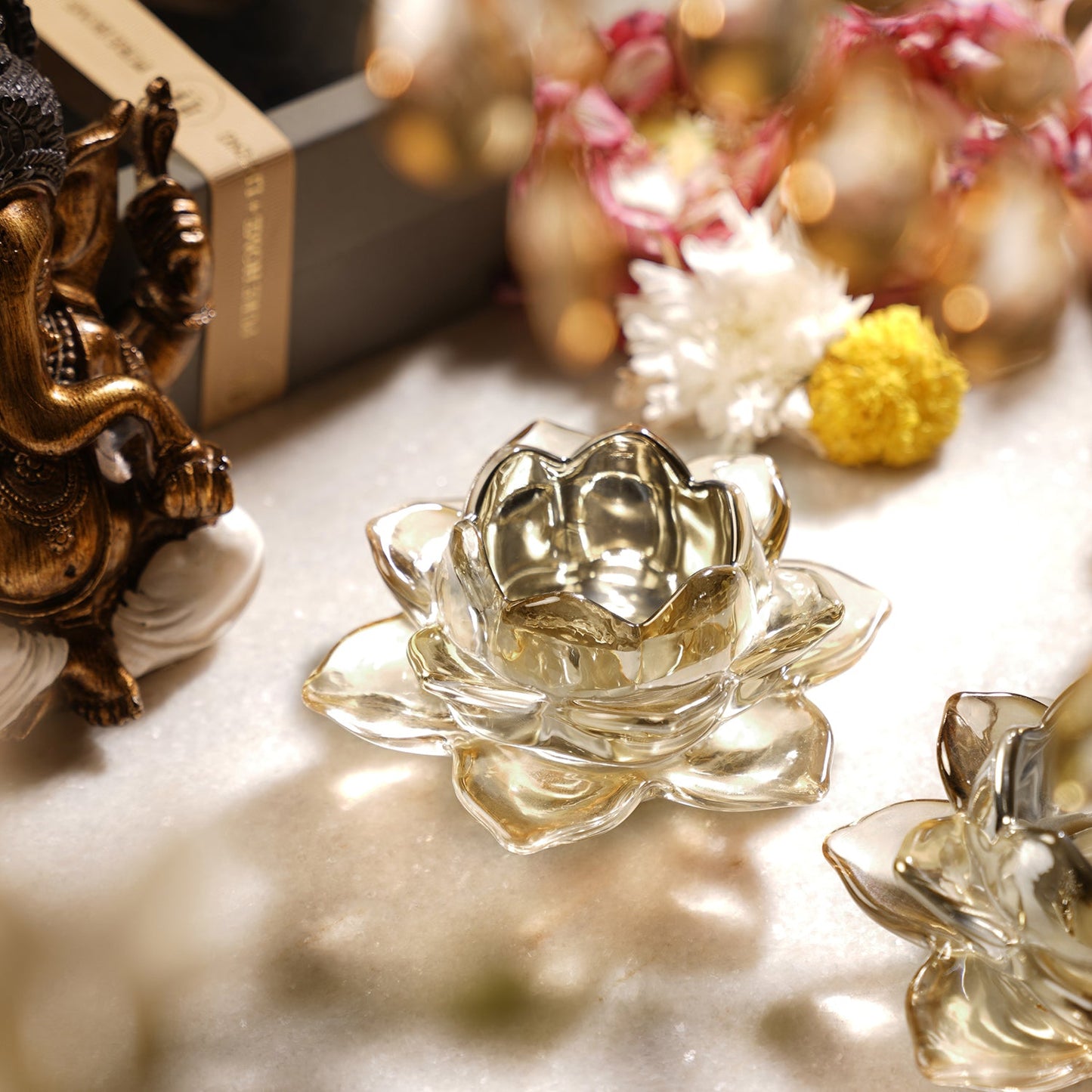 Set of 2 Light Amber Glass Lotus Shaped Tealight Holders