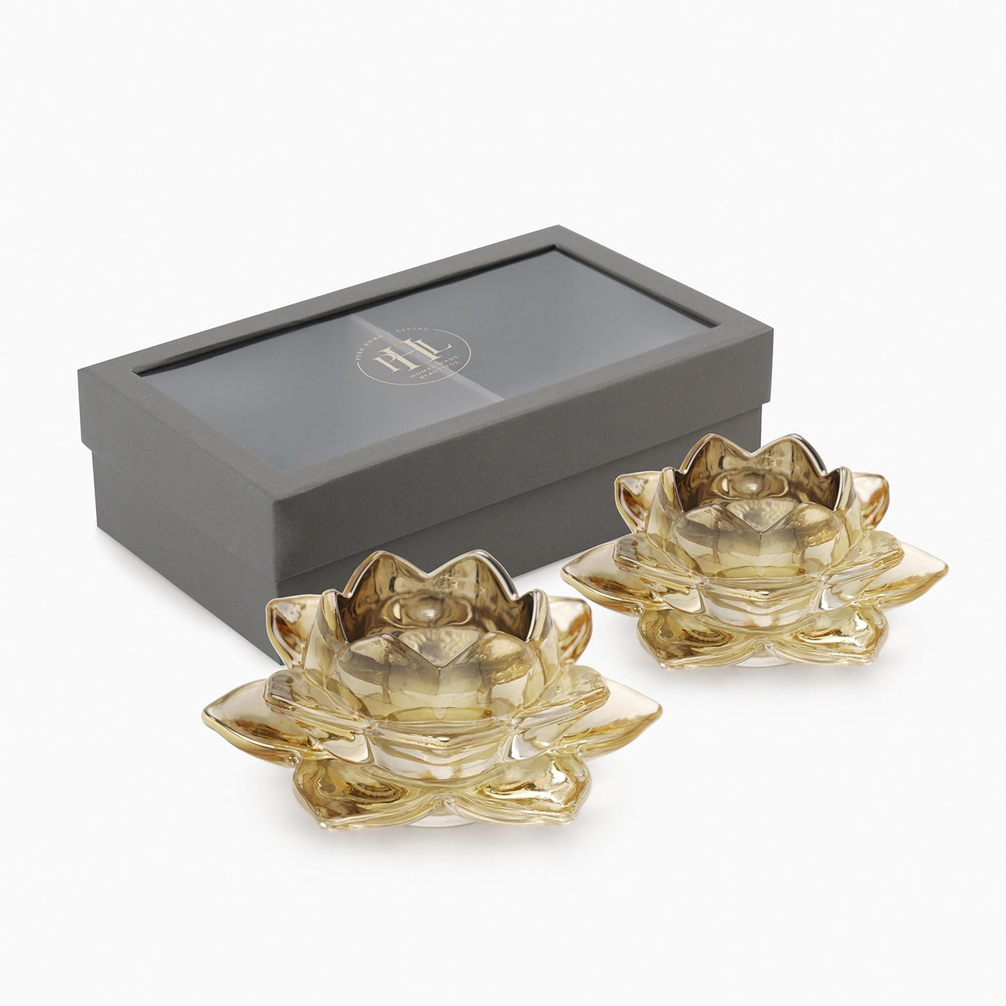 Set of 2 Light Amber Glass Lotus Shaped Tealight Holders