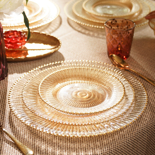Set of 2 Amber and Gold Ribbed Dessert Plates