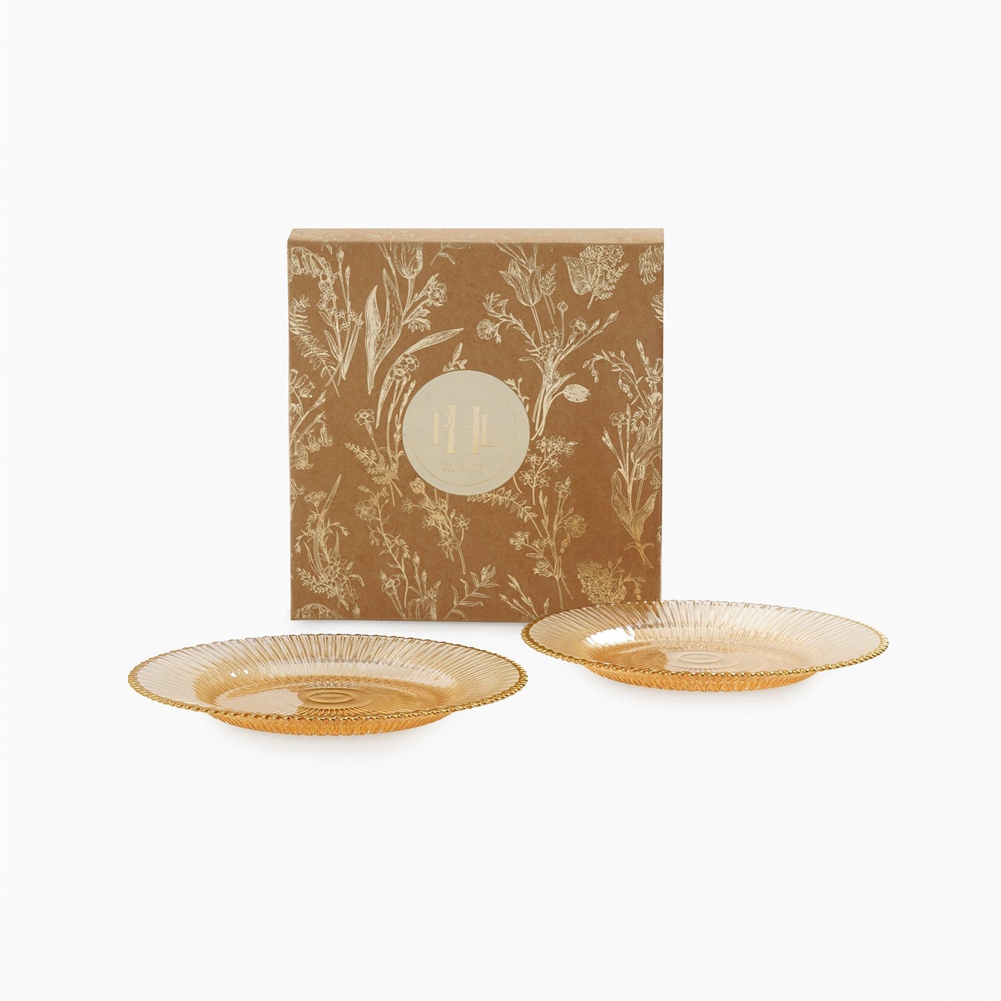 Set of 2 Amber and Gold Ribbed Dessert Plates