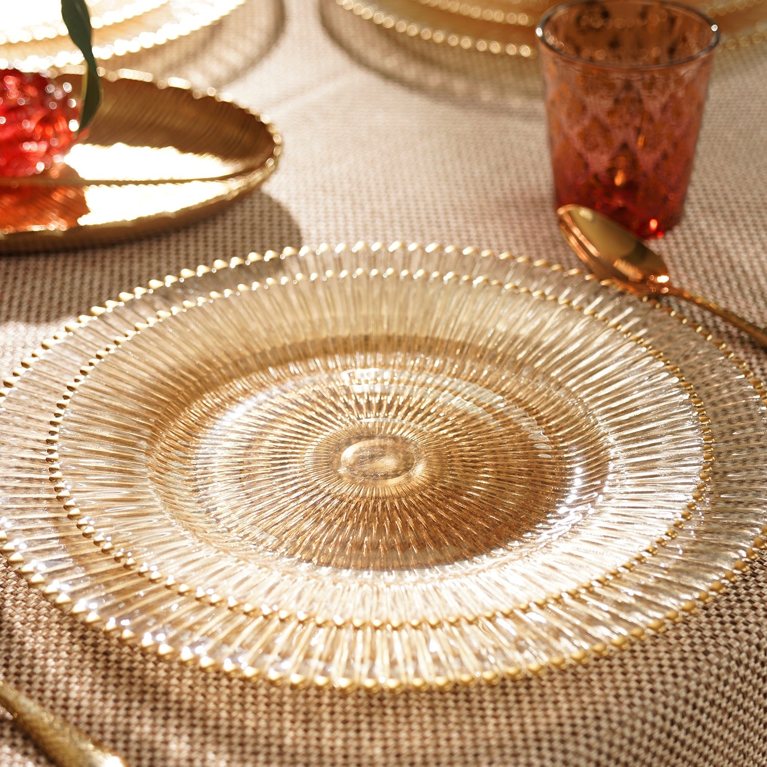 Set of 2 Amber and Gold Ribbed Dinner Plates