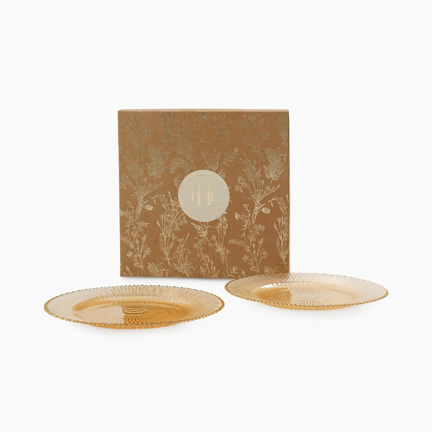 Set of 2 Amber and Gold Ribbed Dinner Plates