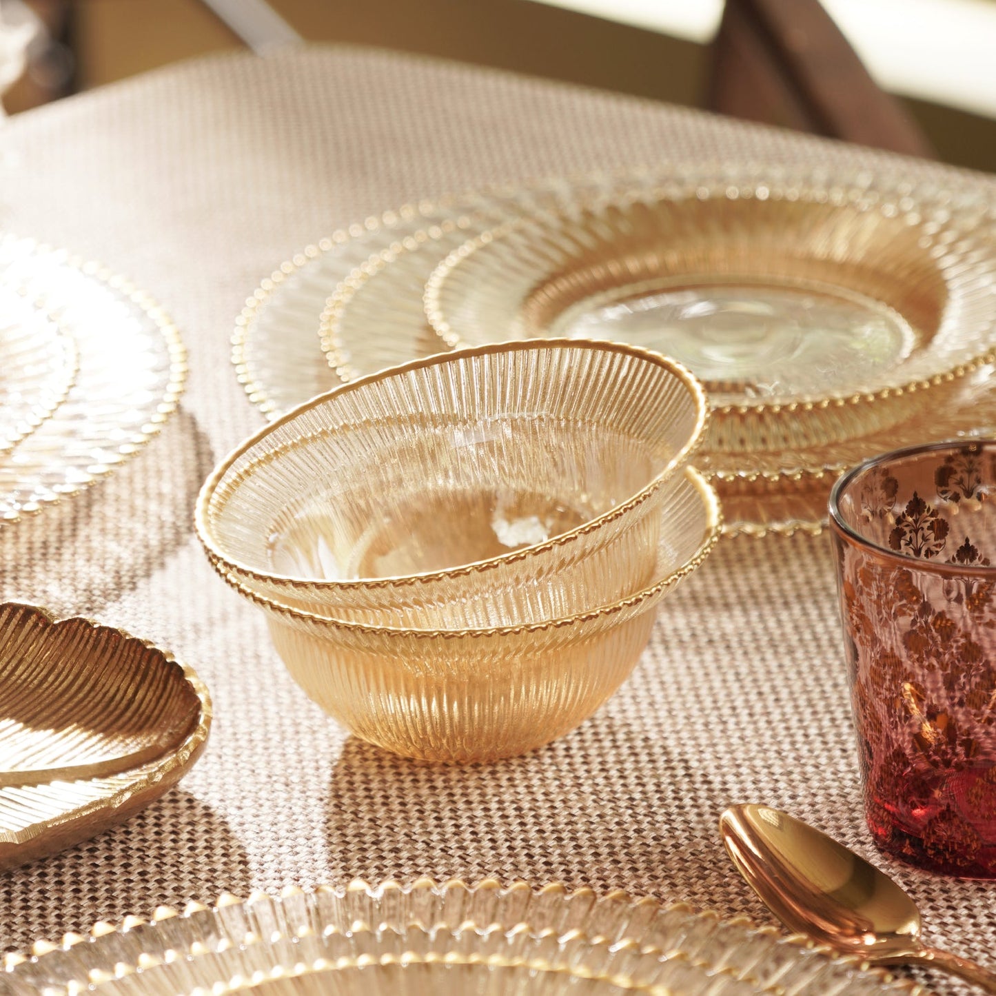 Set of 2 Amber and Gold Ribbed Side Bowls