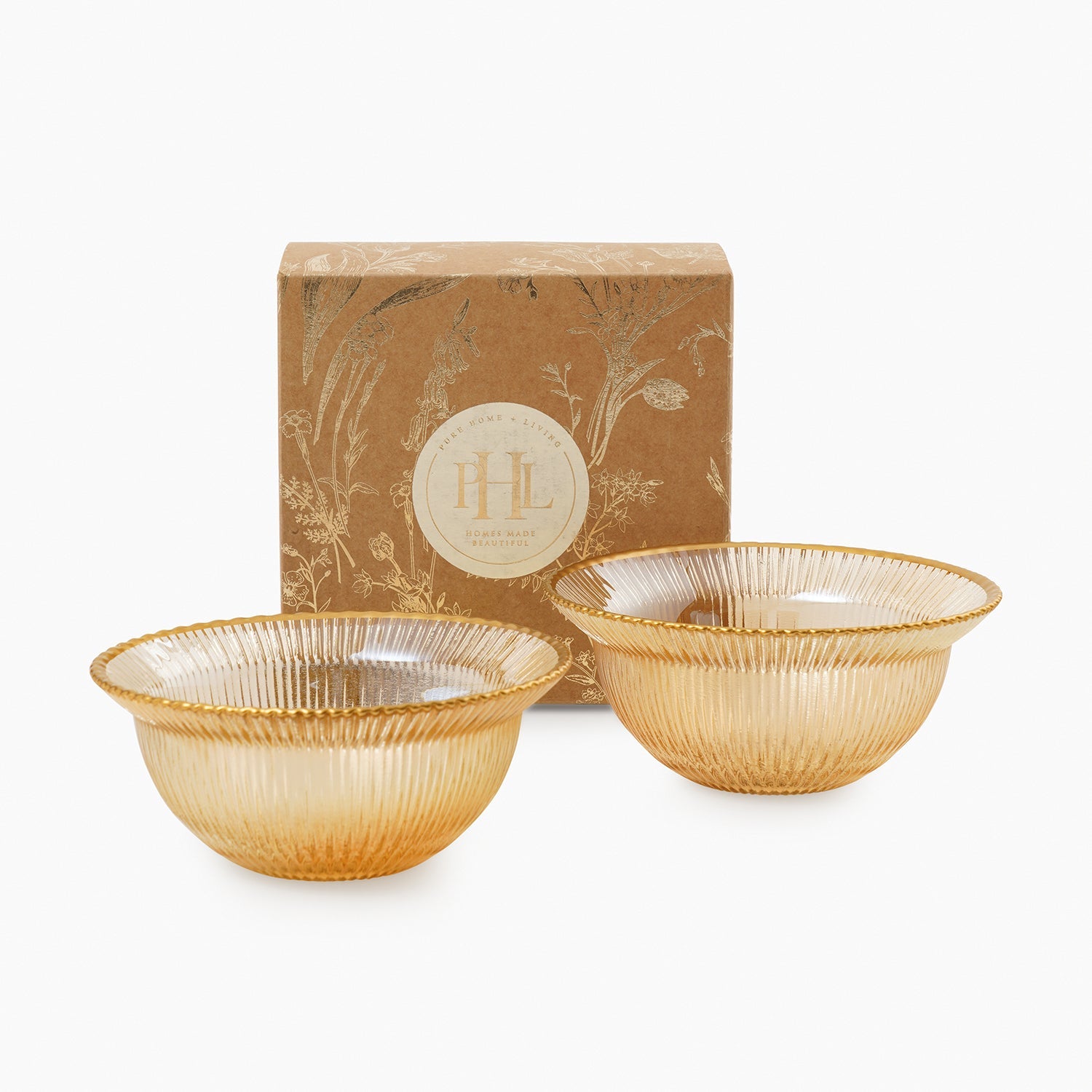 Set of 2 Amber and Gold Ribbed Side Bowls