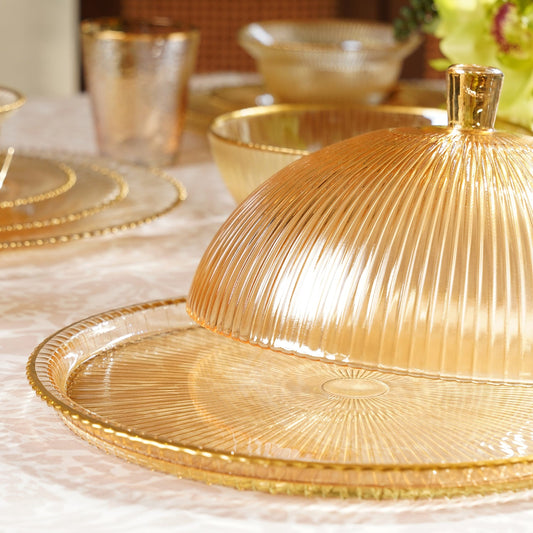Gold Ribbed Glass Cloche with Base Plate