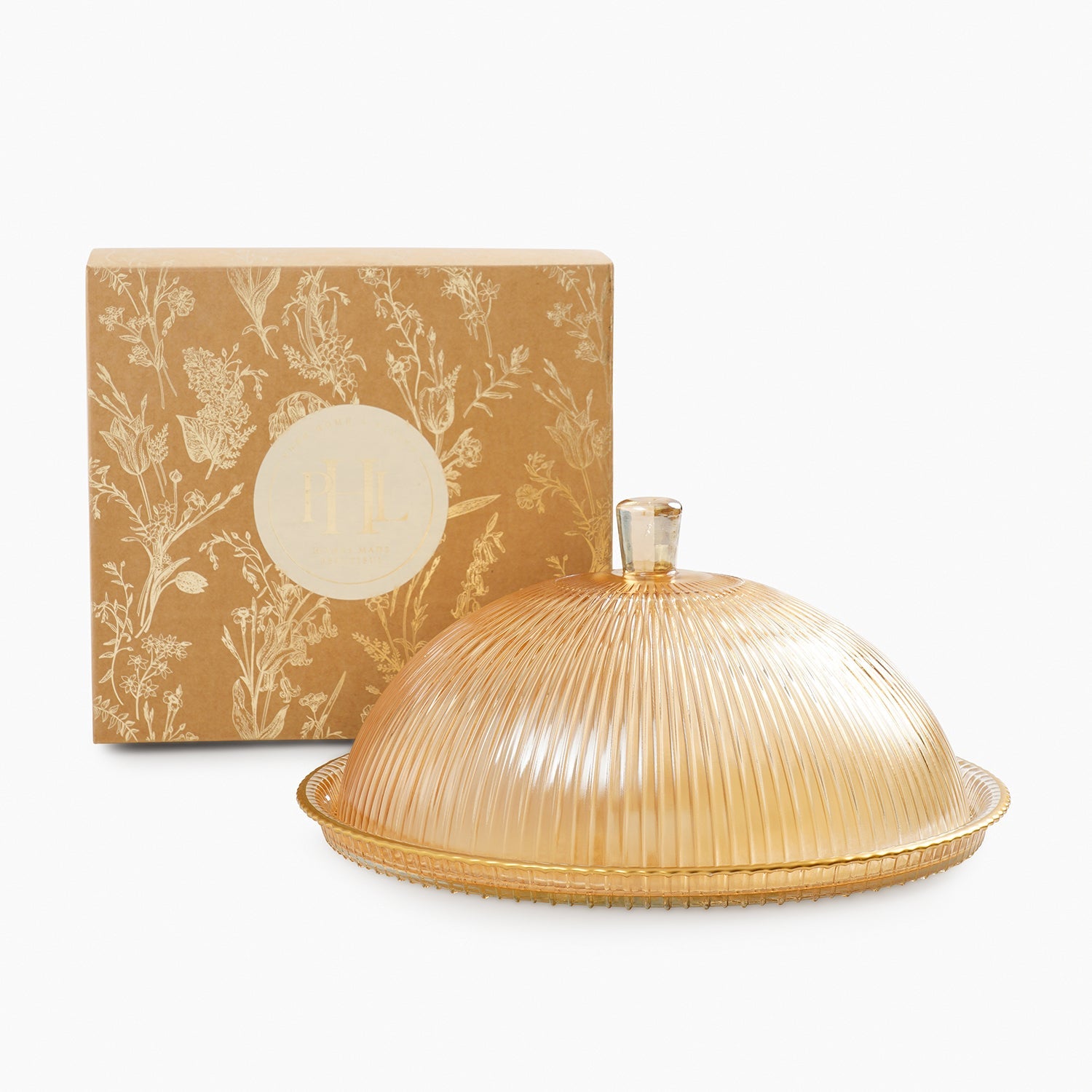 Gold Ribbed Glass Cloche with Base Plate