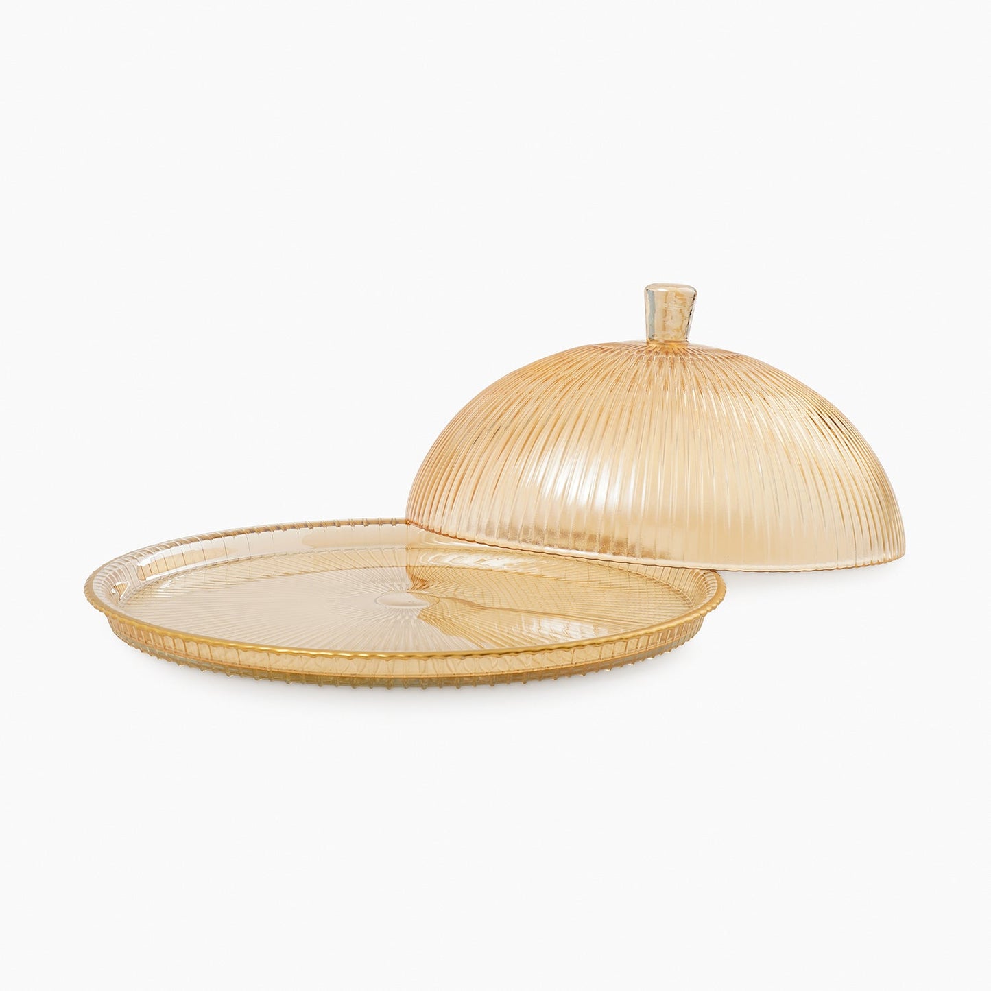 Gold Ribbed Glass Cloche with Base Plate