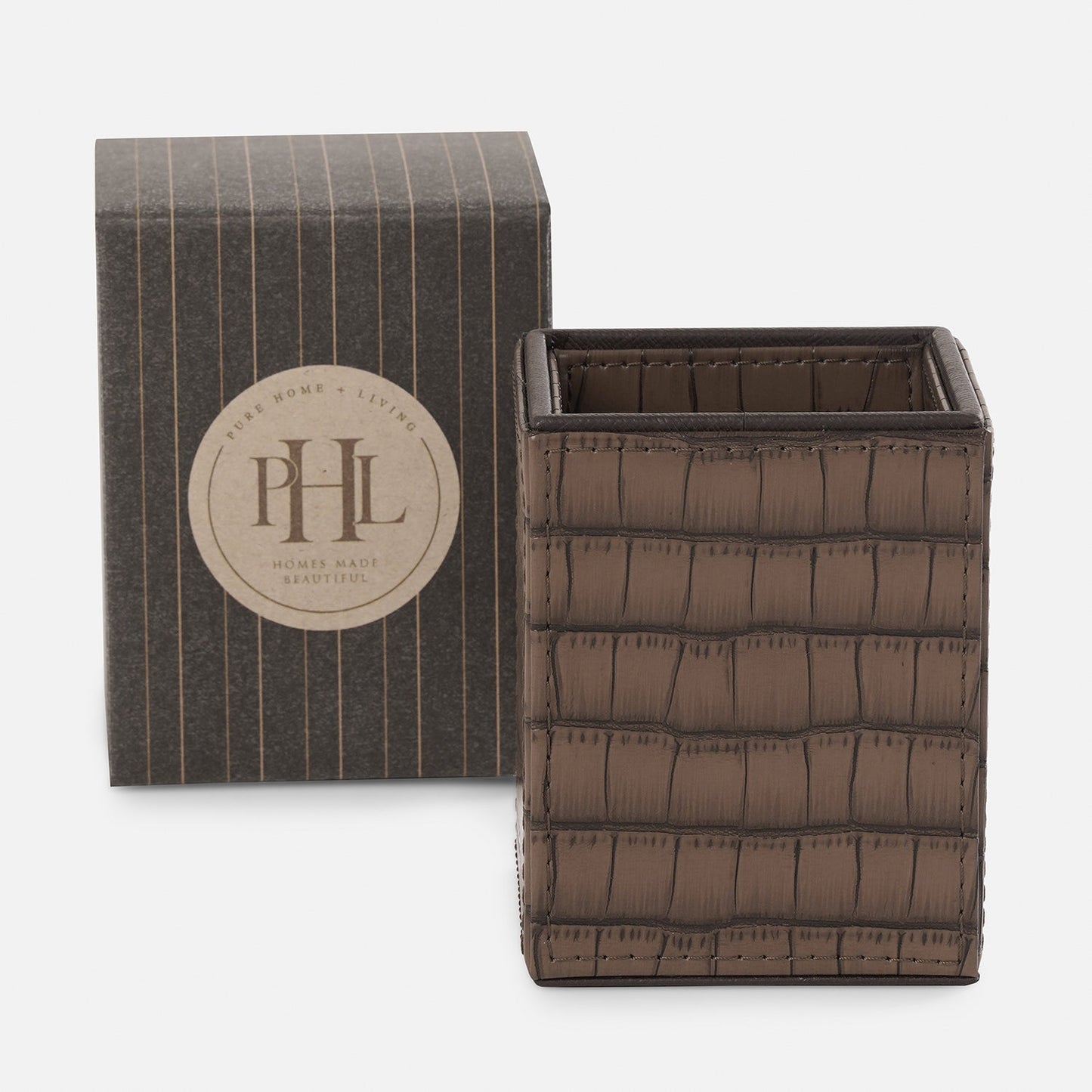 Brown Croco Texture Faux Leather Pen Stand