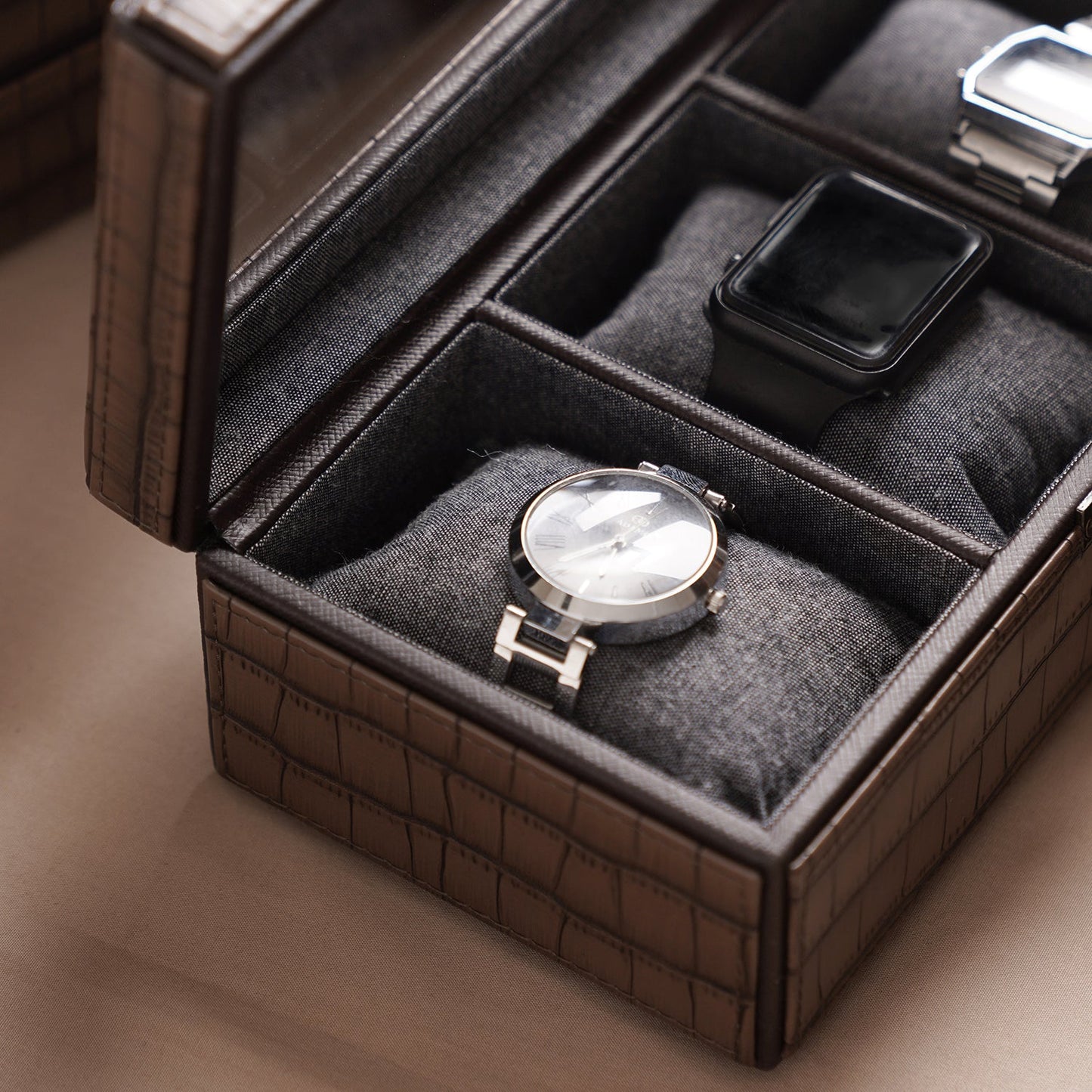 Brown 3 Compartment Croco Texture Faux Leather Watch Box
