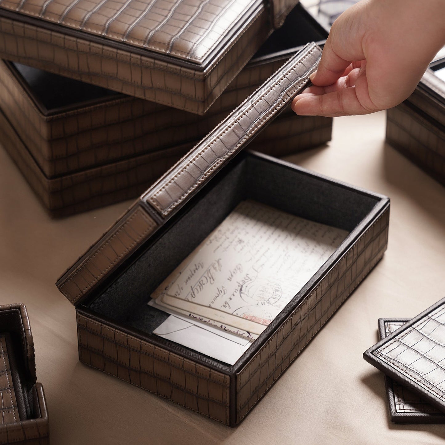 Brown Croco Texture Faux Leather Storage Box