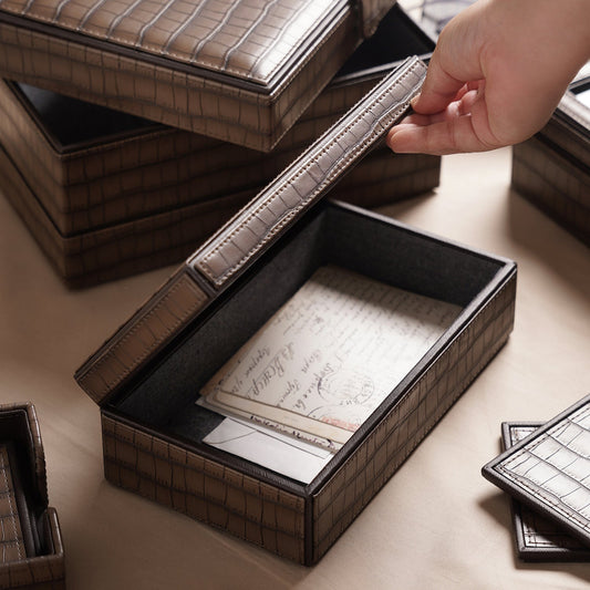 Brown Croco Texture Faux Leather Storage Box