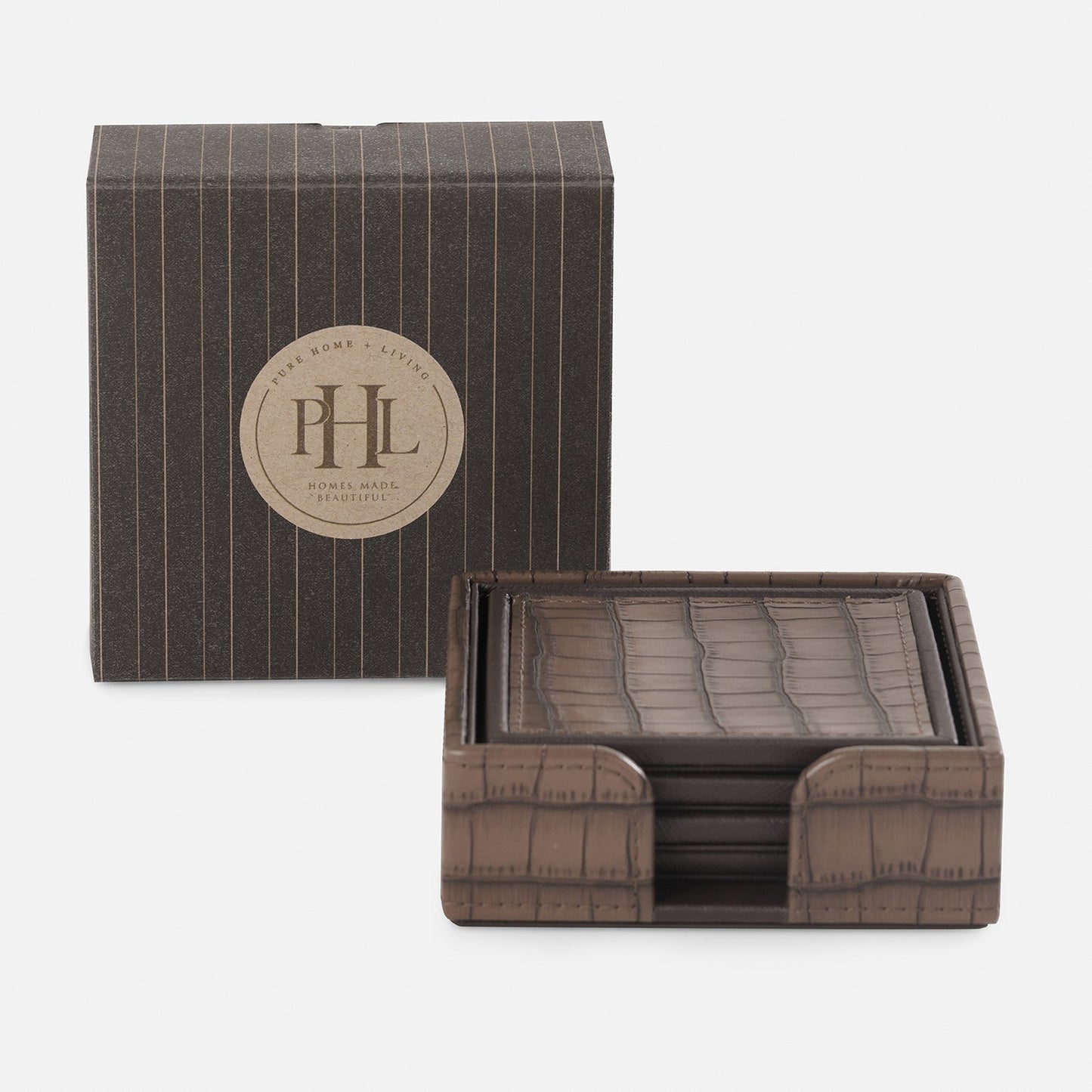 Set of 4 Brown Croco Texture Faux Leather Coasters