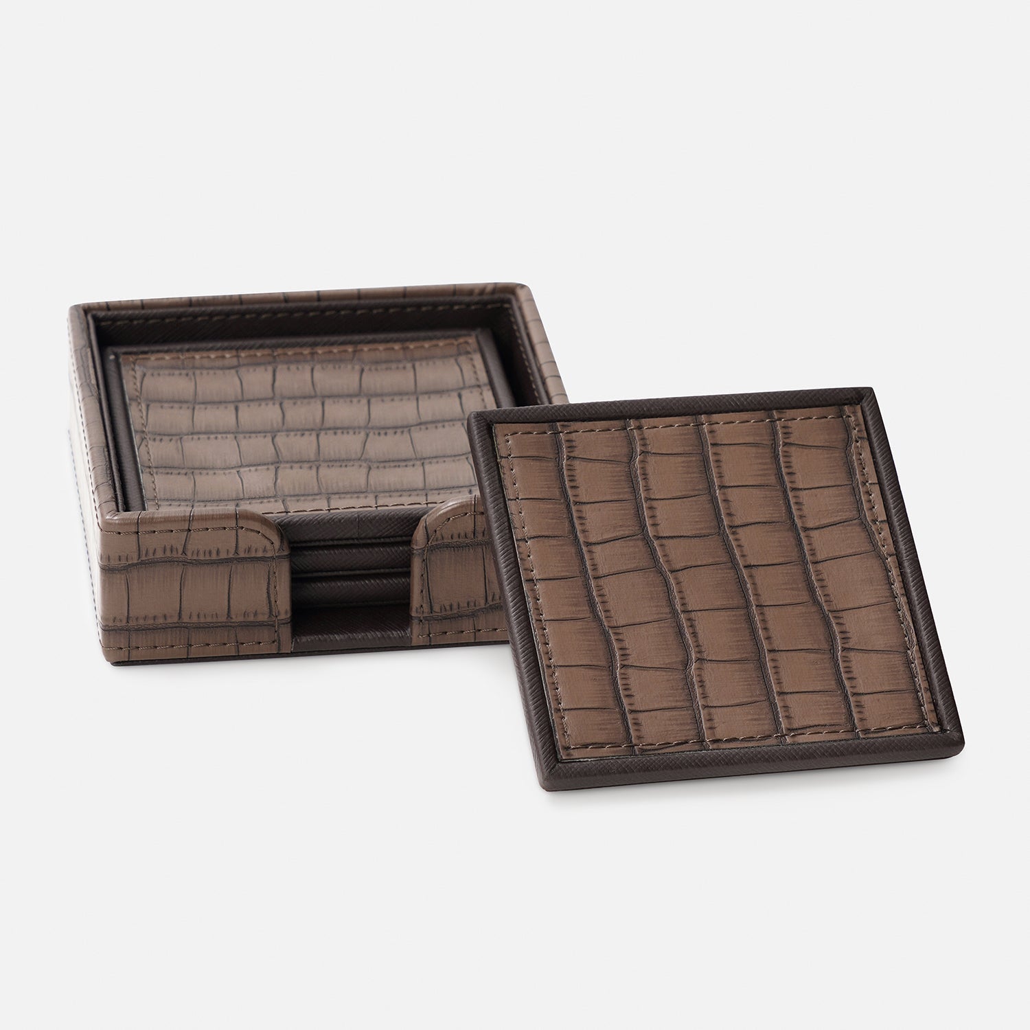 Set of 4 Brown Croco Texture Faux Leather Coasters