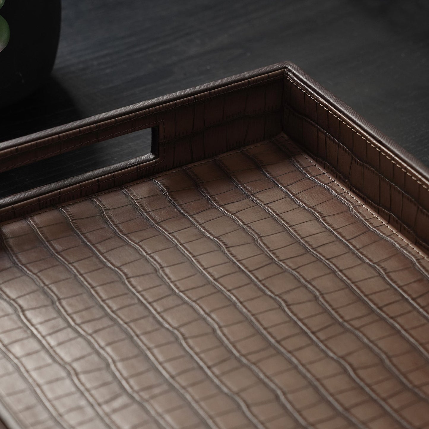 Brown Croco Texture Faux Leather Rectangle Tray
