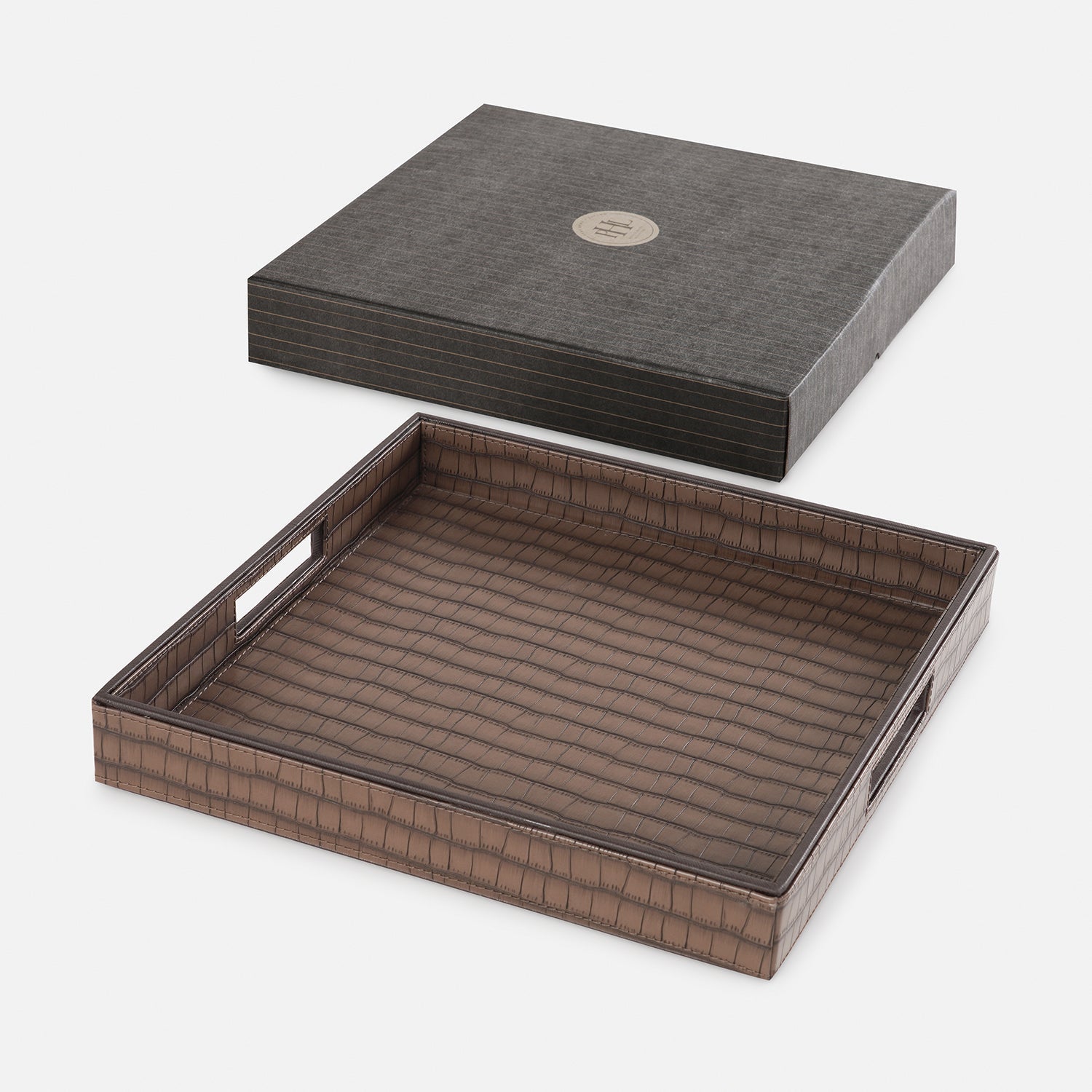 Brown Croco Texture Faux Leather Square Tray