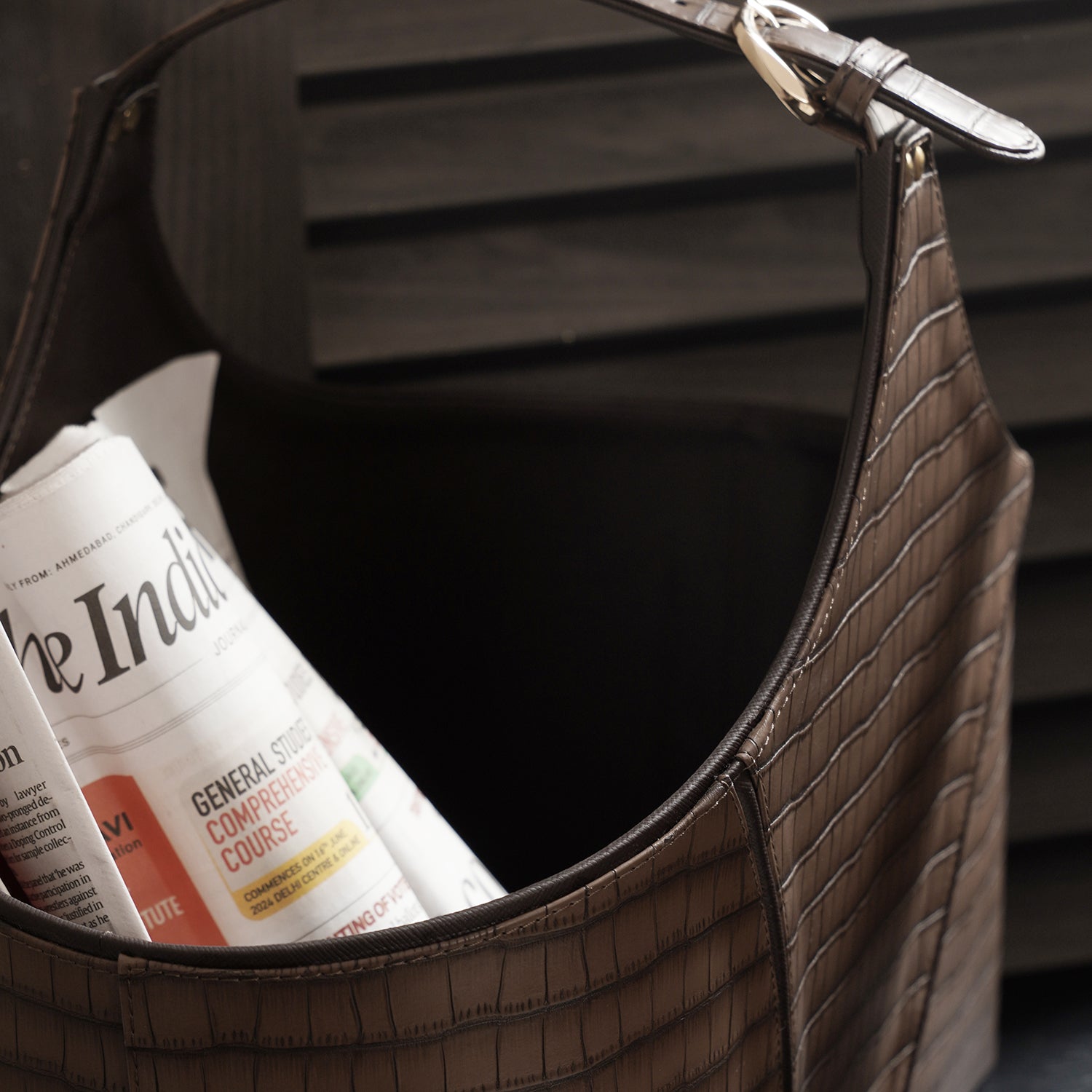 Brown Croco Texture Faux Leather Magazine Basket