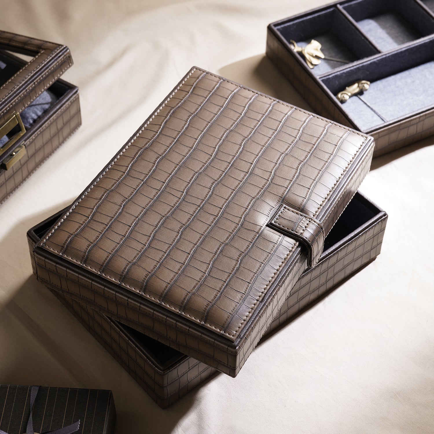 Brown Croco Texture Faux Leather Jewellery Box