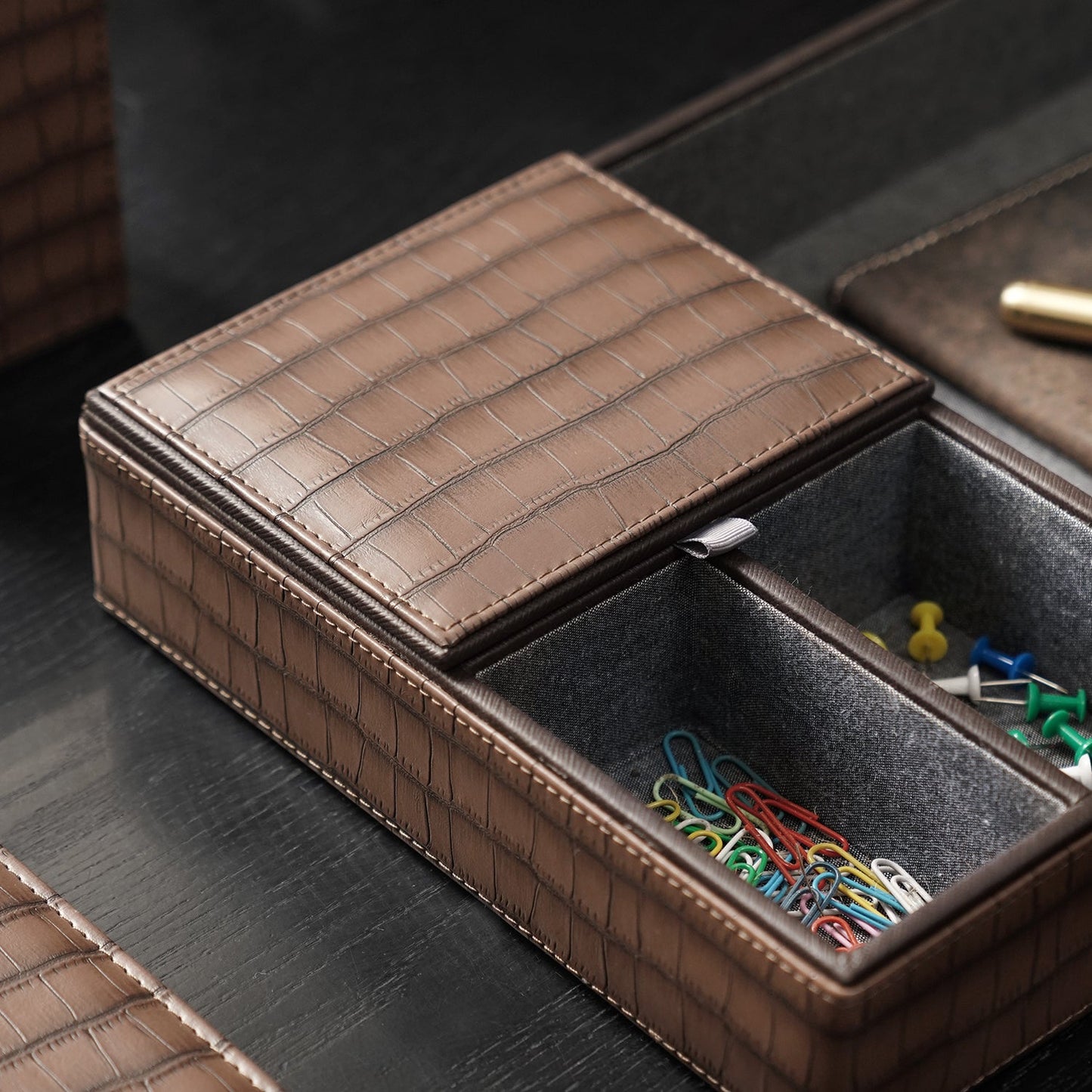 Brown Croco Texture Faux Leather Desk Organiser