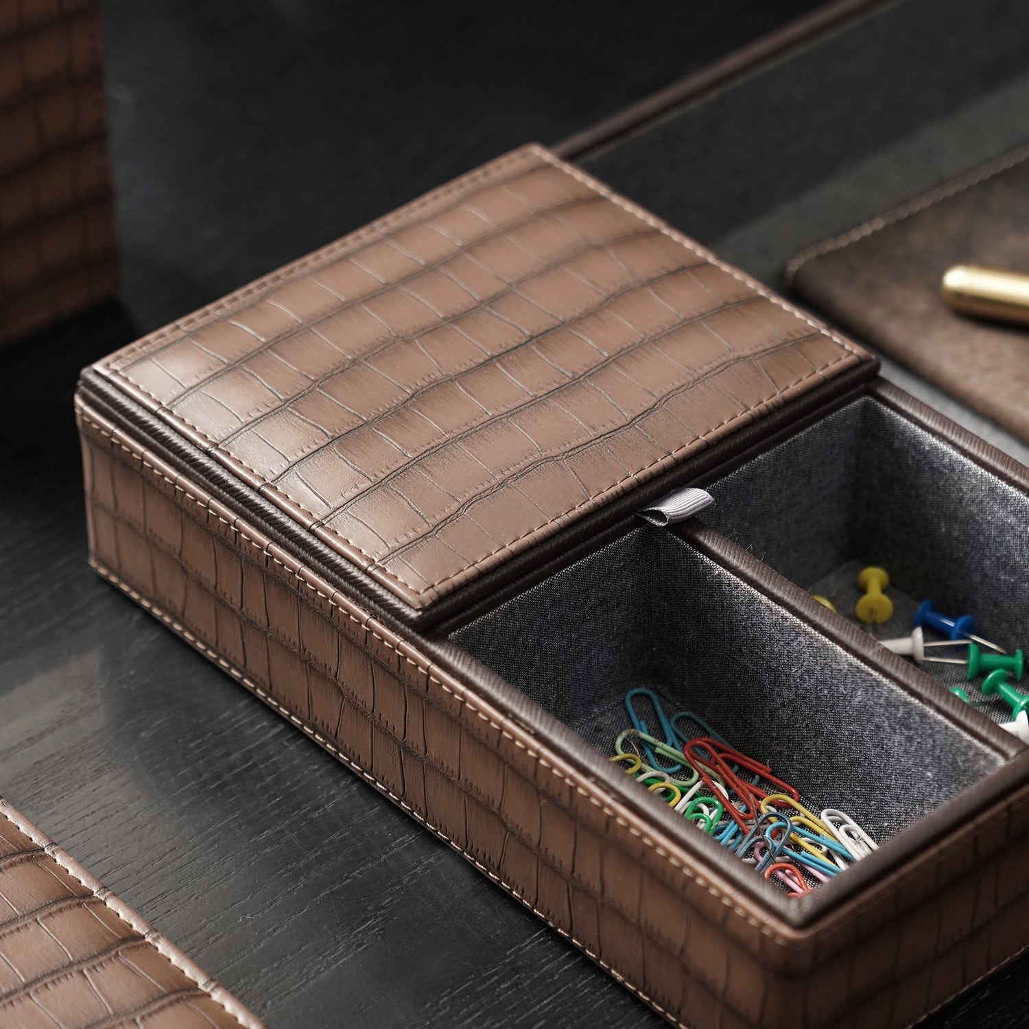 Brown Croco Texture Faux Leather Desk Organiser