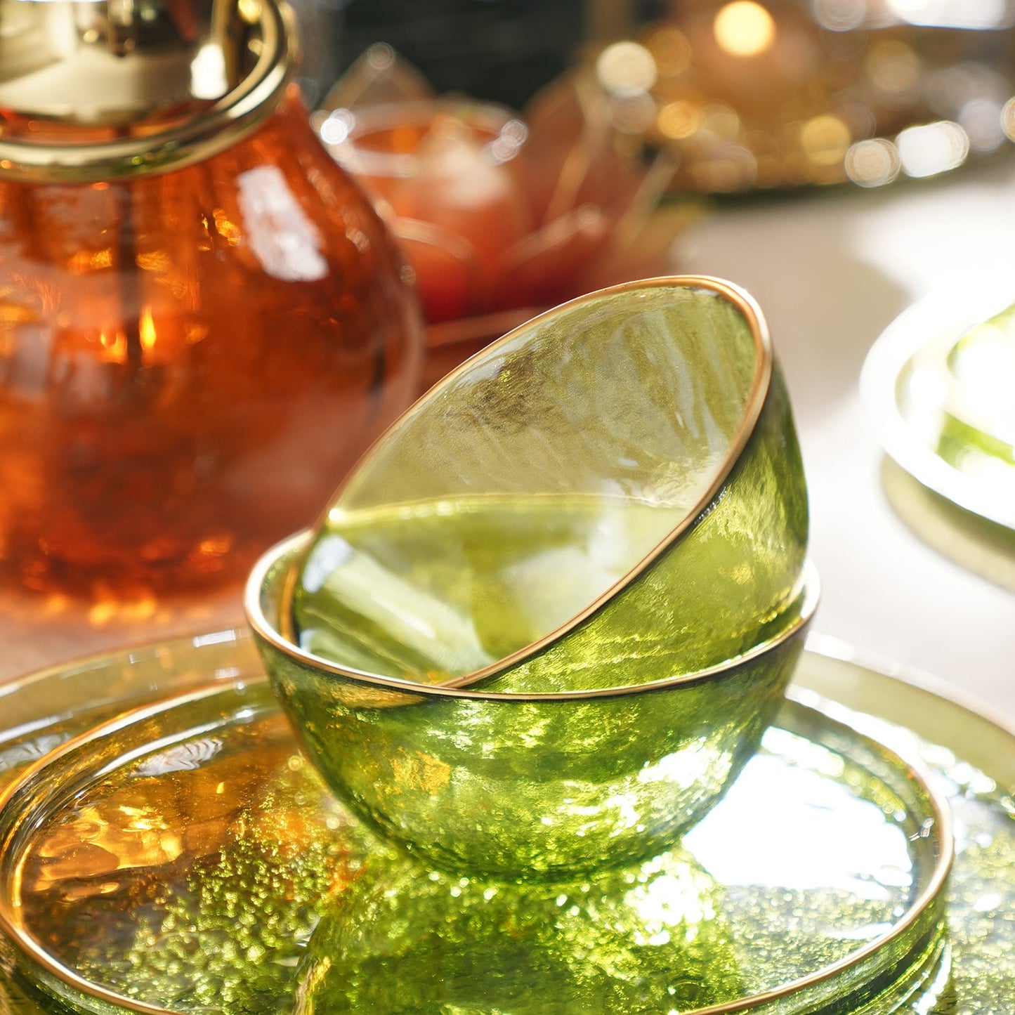 Set of 2 Green Textured Rim Detail Side Bowls