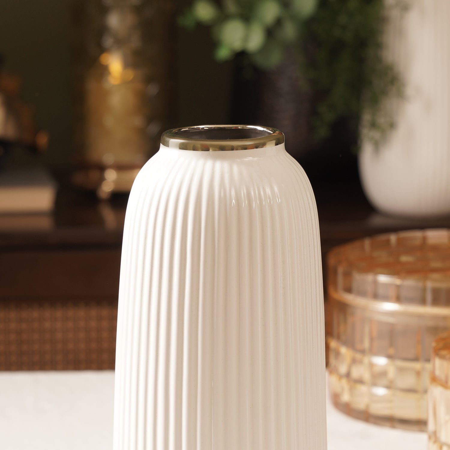 Ivory Ribbed Texture Ceramic Vase - Small