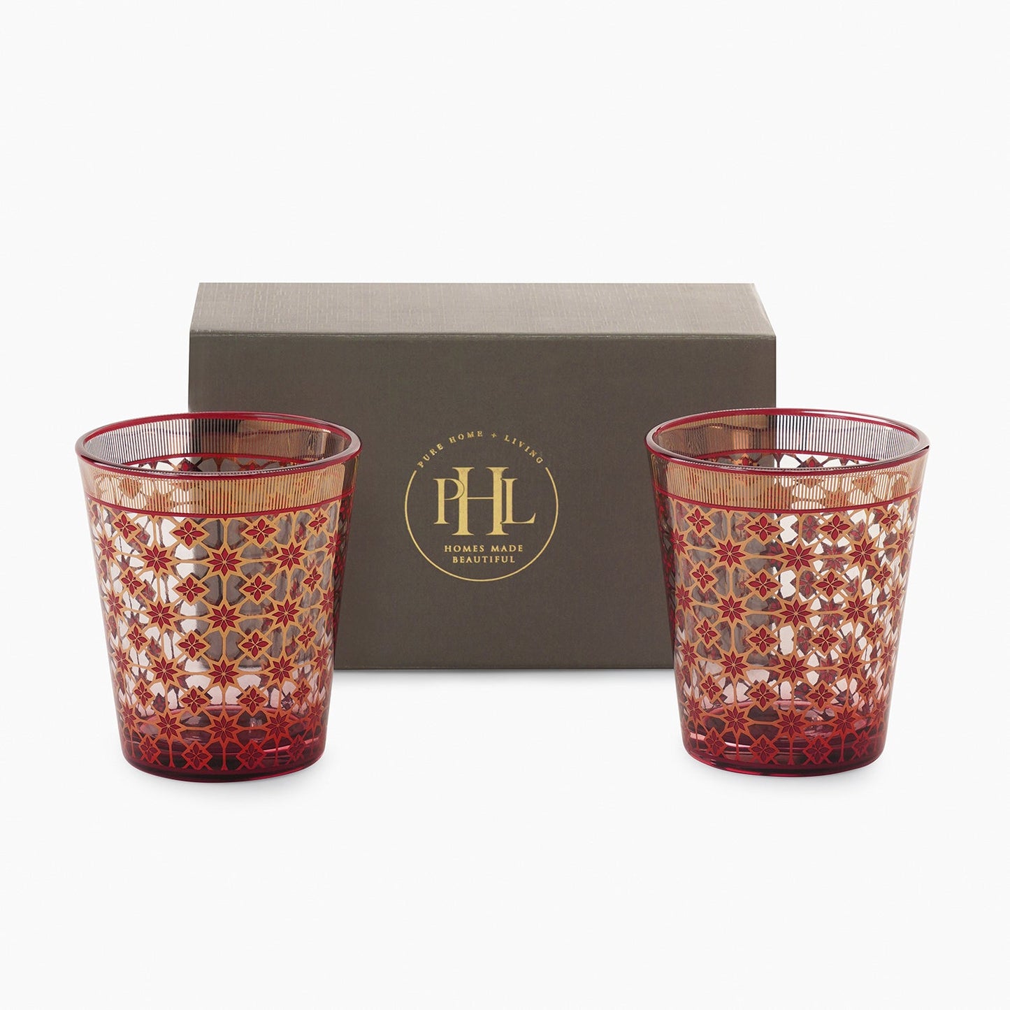Set of 2 Red and Gold Floral Printed Drinking Glasses