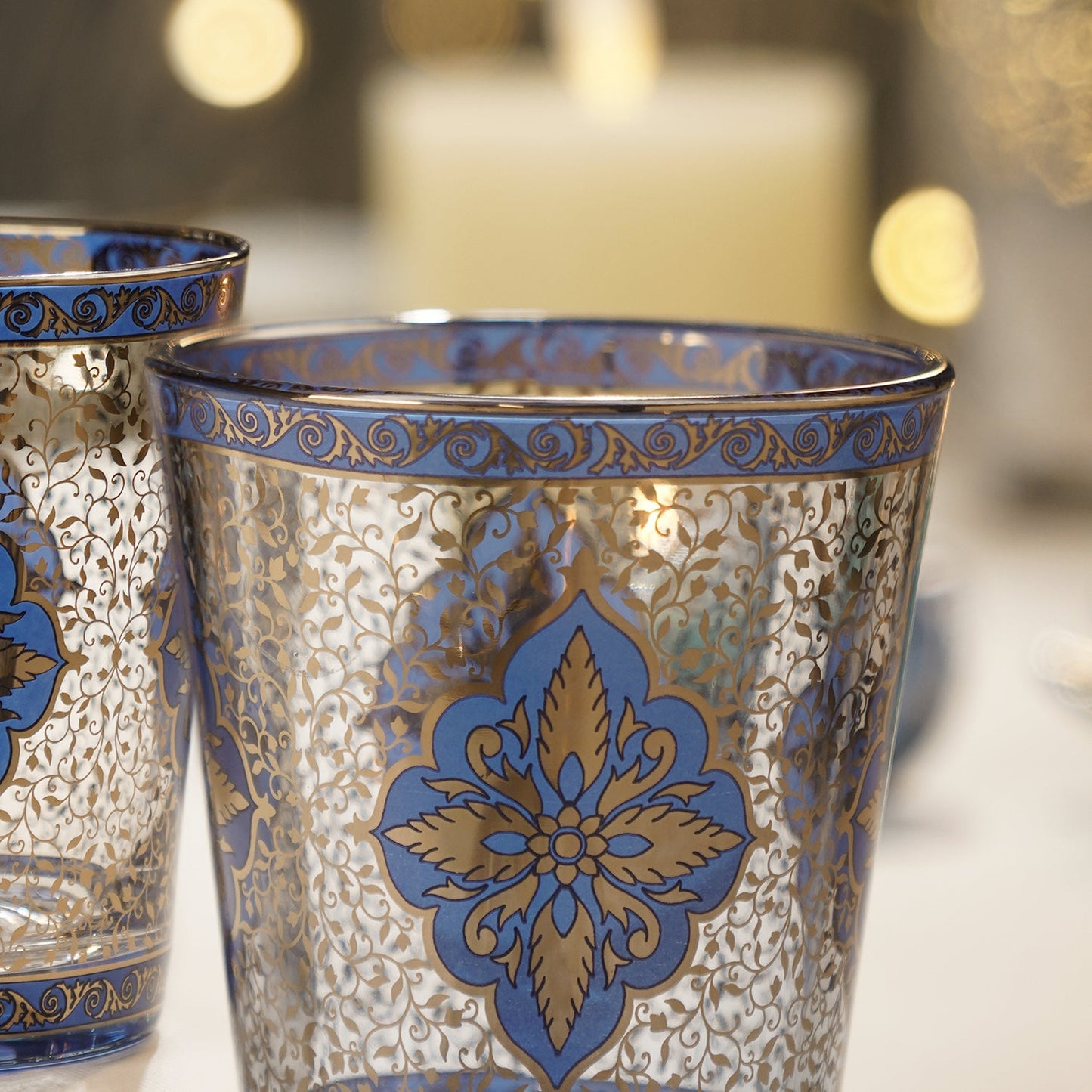 Set Of 2 Bue & Gold Floral Motif Printed Drinking Glasses