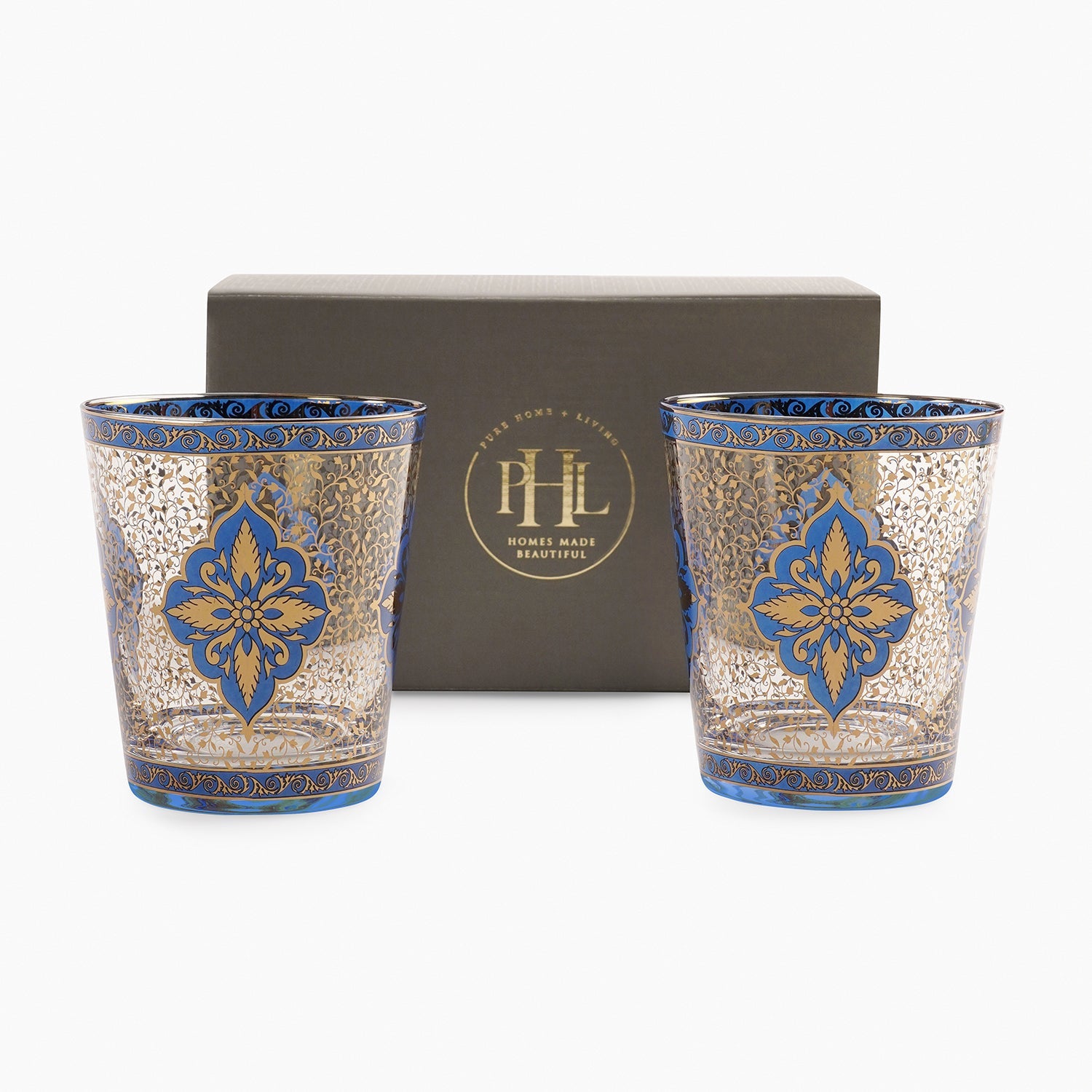 Set Of 2 Bue & Gold Floral Motif Printed Drinking Glasses
