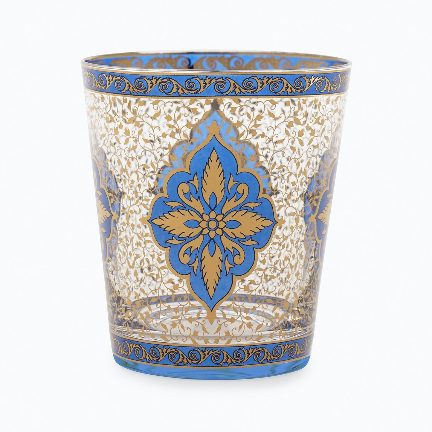Set Of 2 Bue & Gold Floral Motif Printed Drinking Glasses