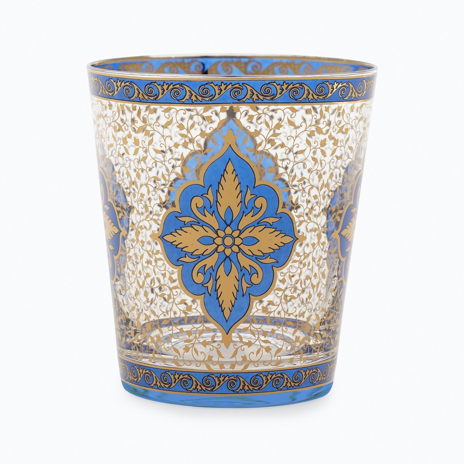 Set Of 2 Bue & Gold Floral Motif Printed Drinking Glasses