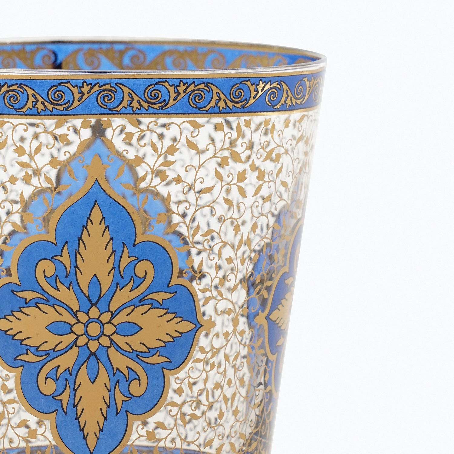 Set Of 2 Bue & Gold Floral Motif Printed Drinking Glasses