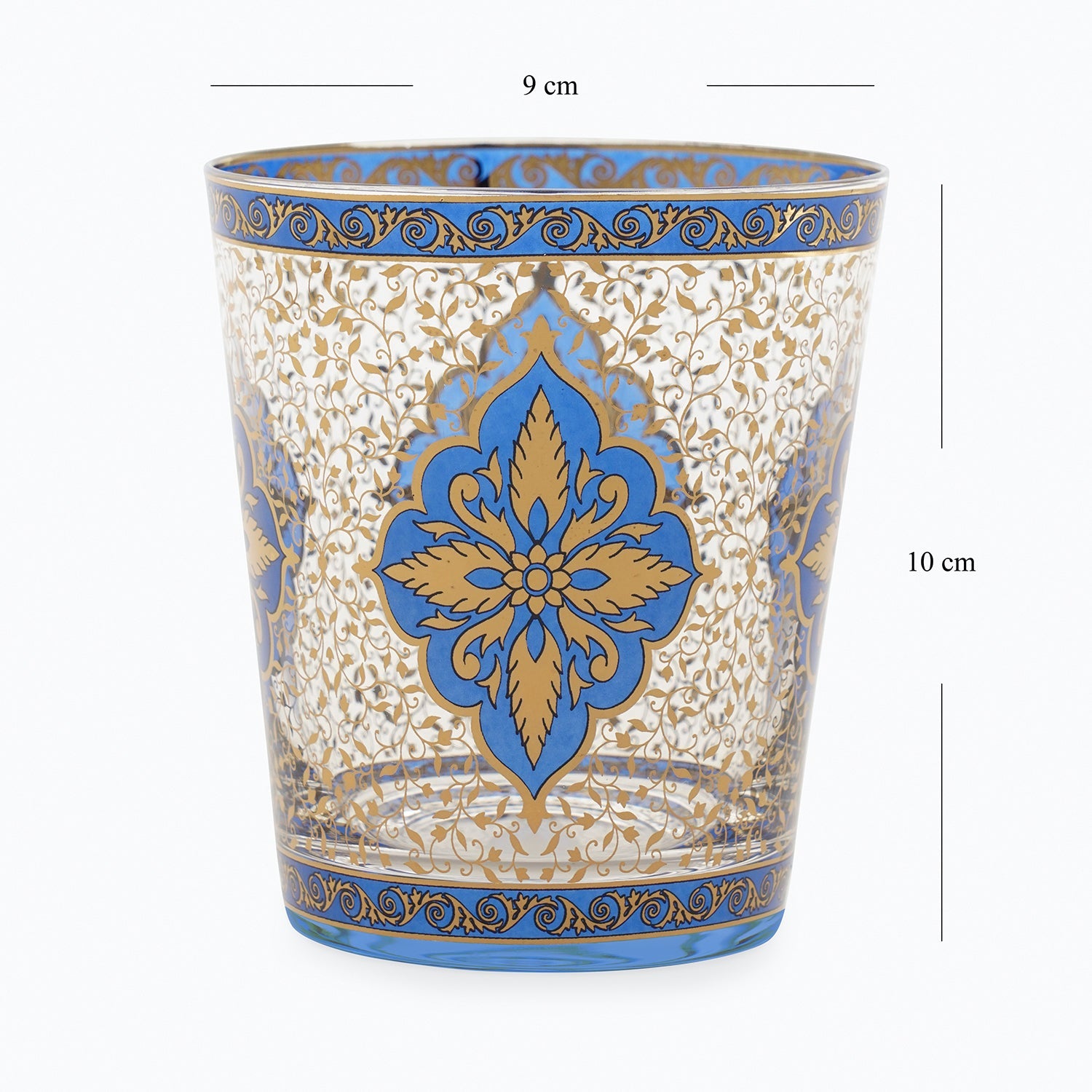Set Of 2 Bue & Gold Floral Motif Printed Drinking Glasses