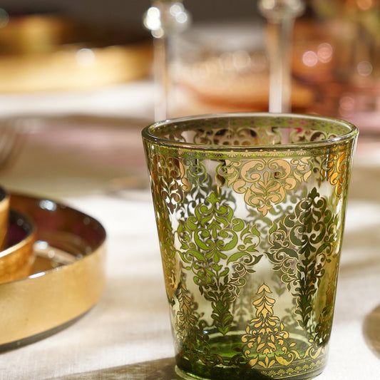 Set of 2 Green and Gold Floral Printed Drinking Glasses