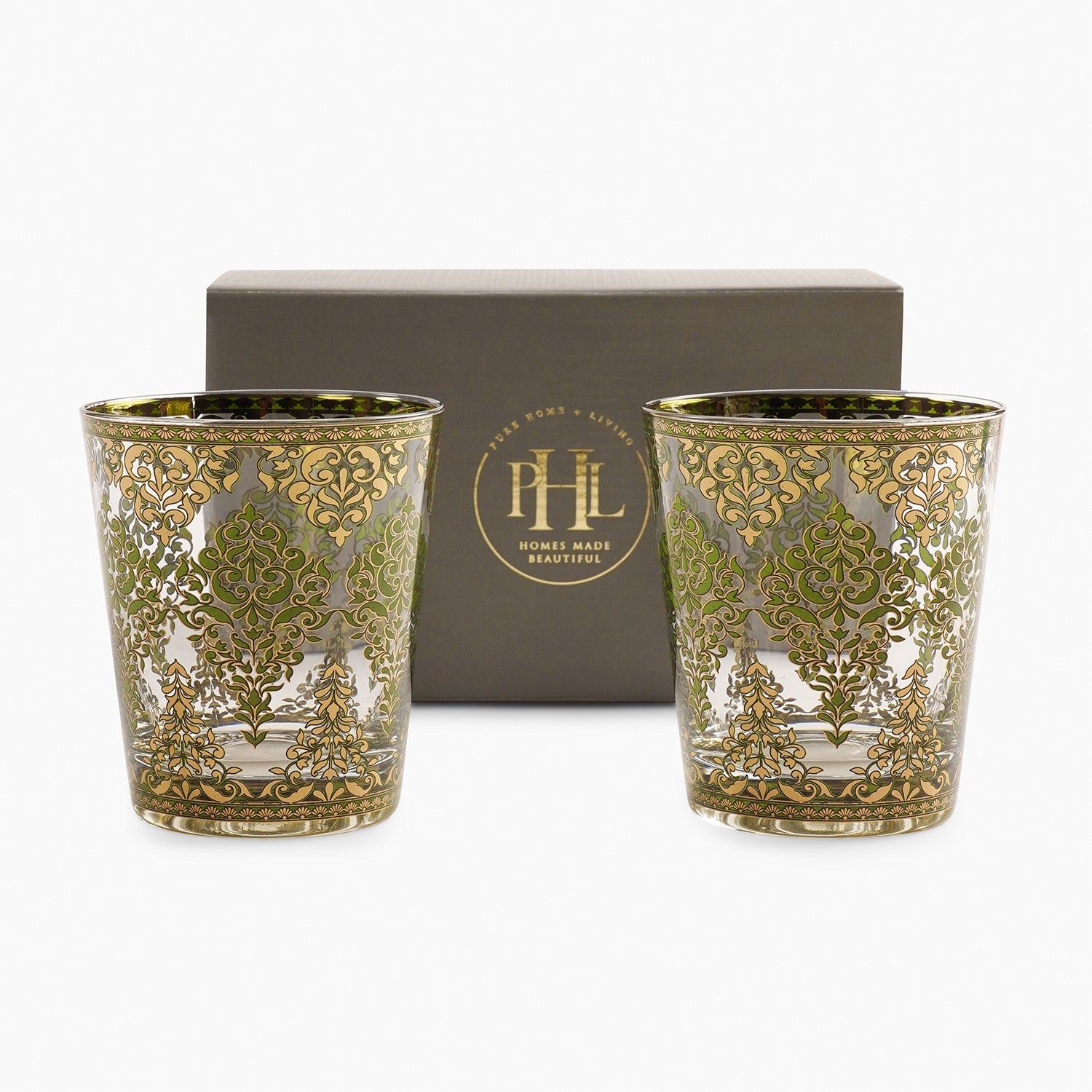 Set of 2 Green and Gold Floral Printed Drinking Glasses