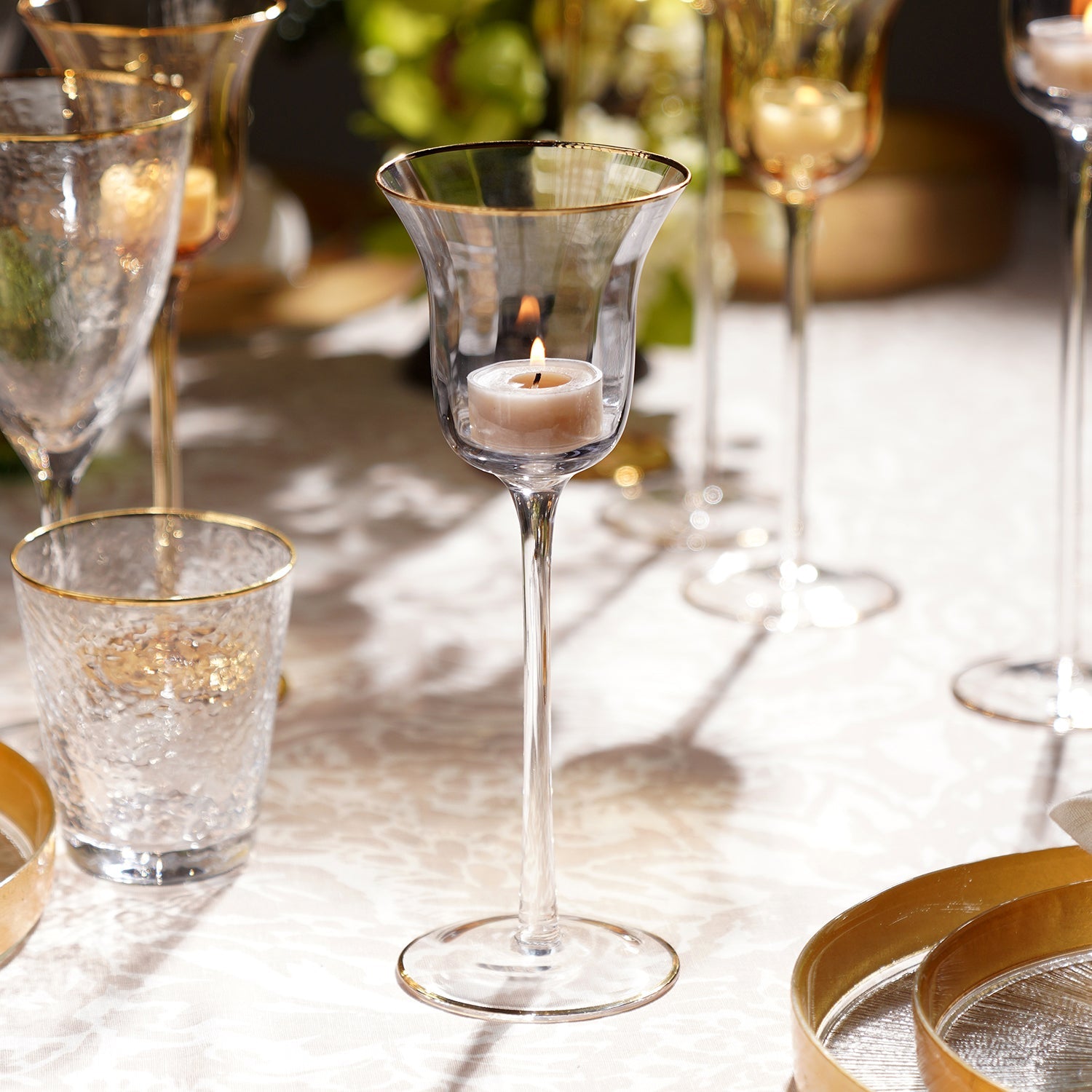 Grey Stem Candle Holder with Gold Rim - Small