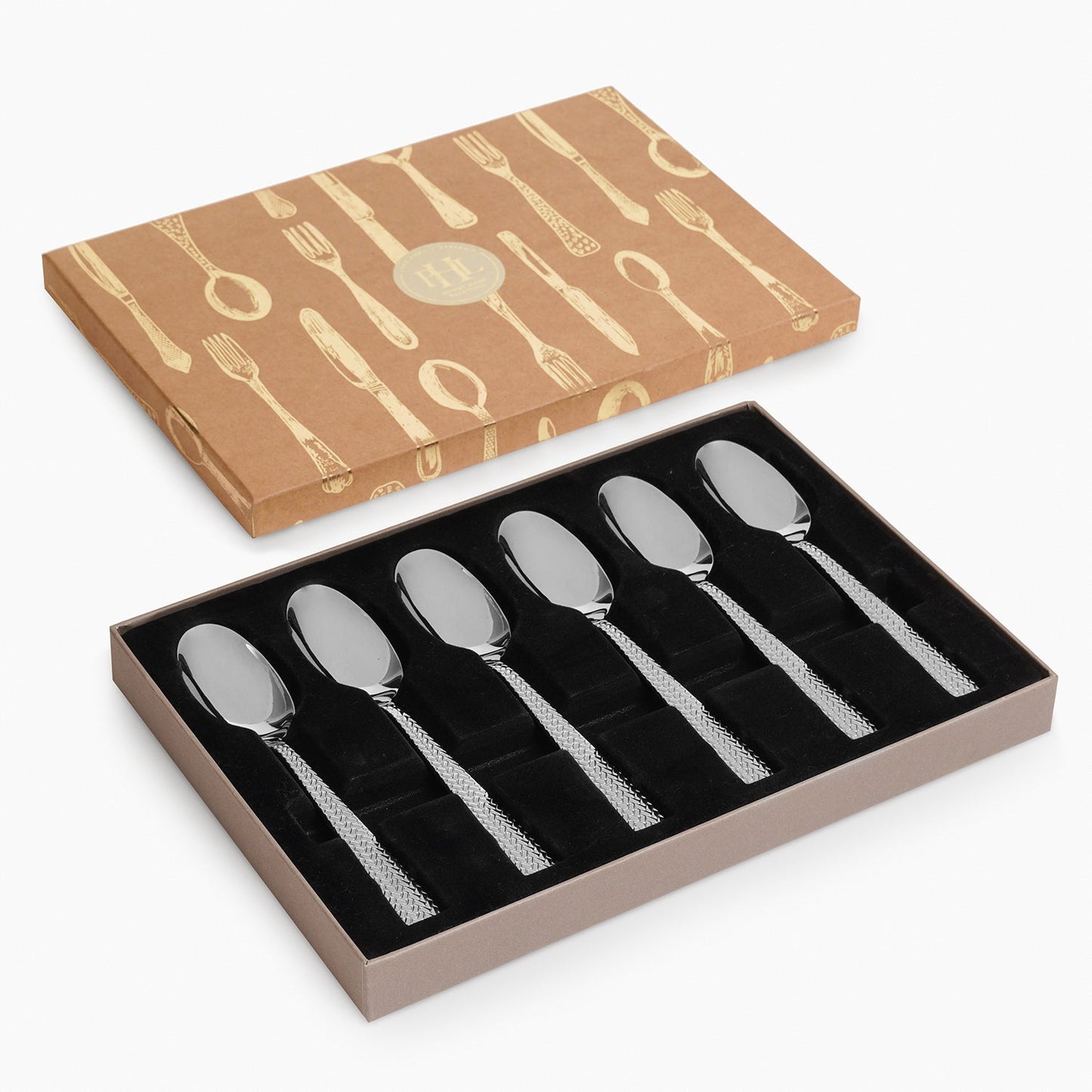 Set Of 6 Silver Steel Dessert Spoons with Zig Zag Texture