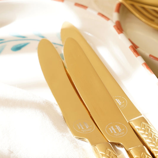 Set Of 6 Gold Steel Dessert Knives with Zig Zag Texture