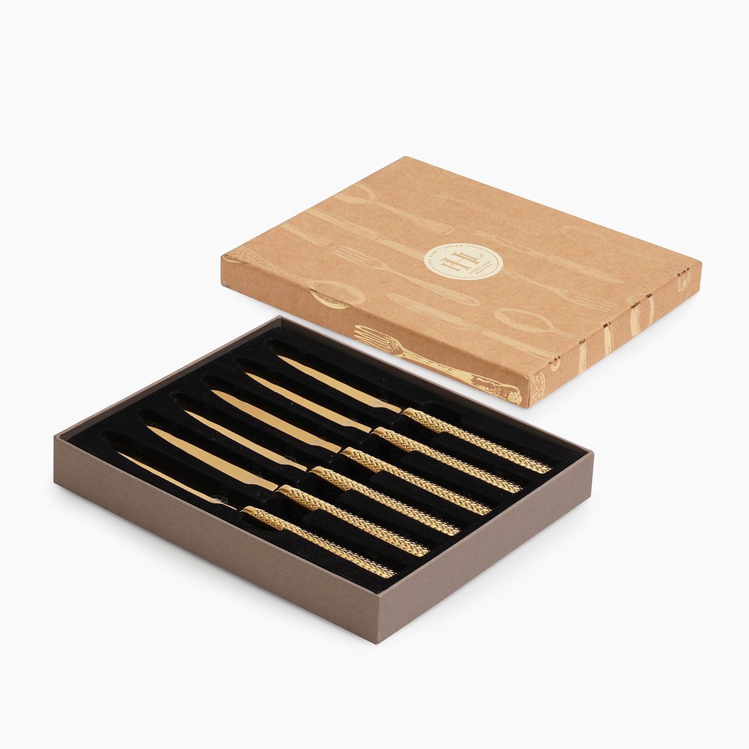 Set Of 6 Gold Steel Dessert Knives with Zig Zag Texture