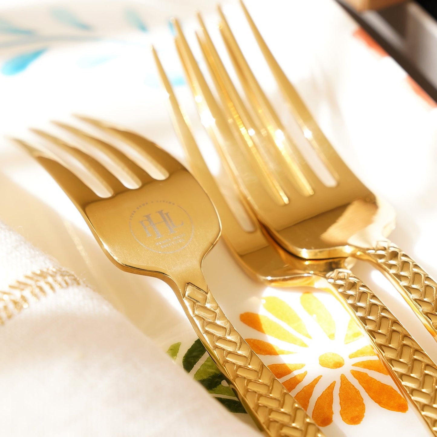 Set Of 6 Gold Steel Dessert Forks with Zig Zag Texture