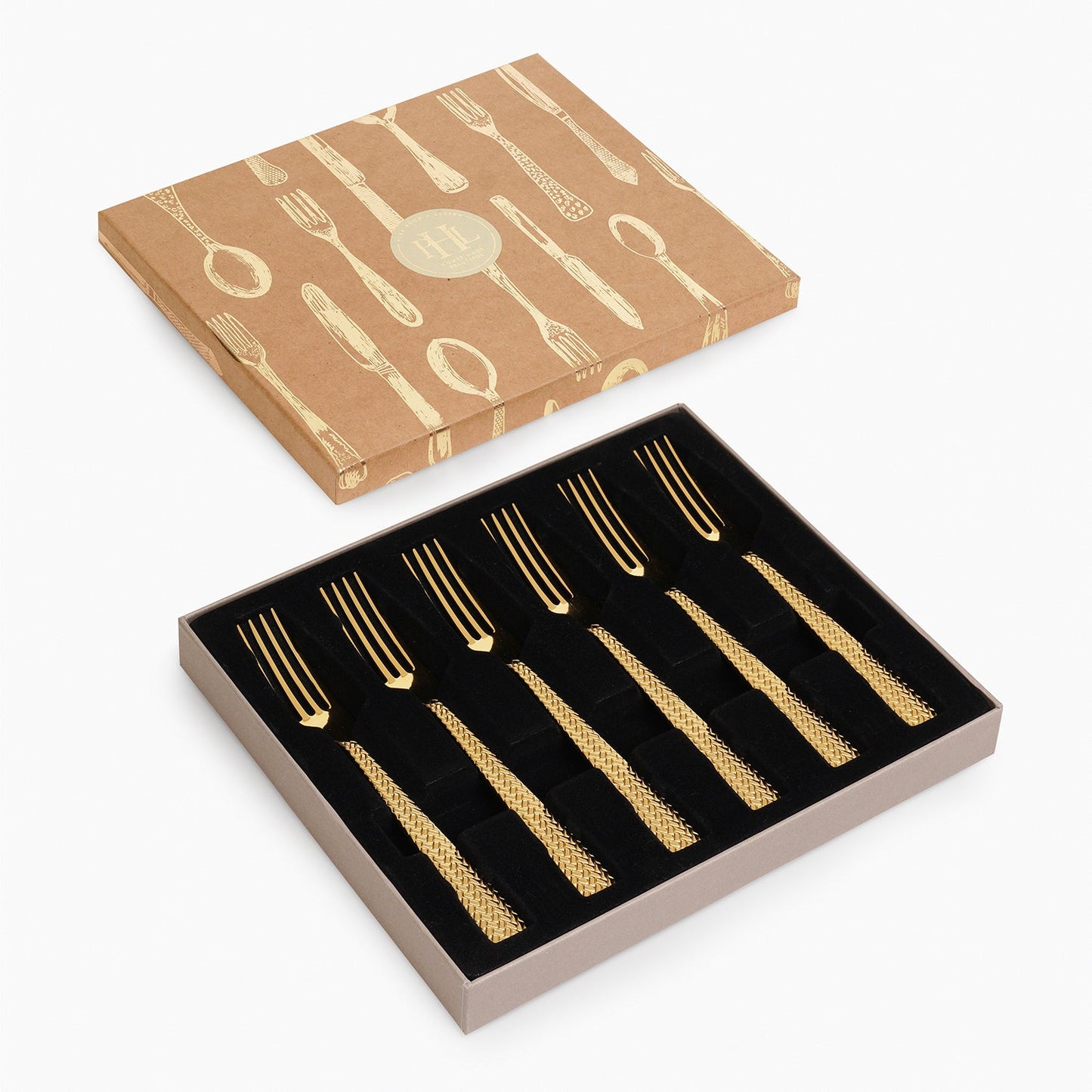 Set Of 6 Gold Steel Dessert Forks with Zig Zag Texture