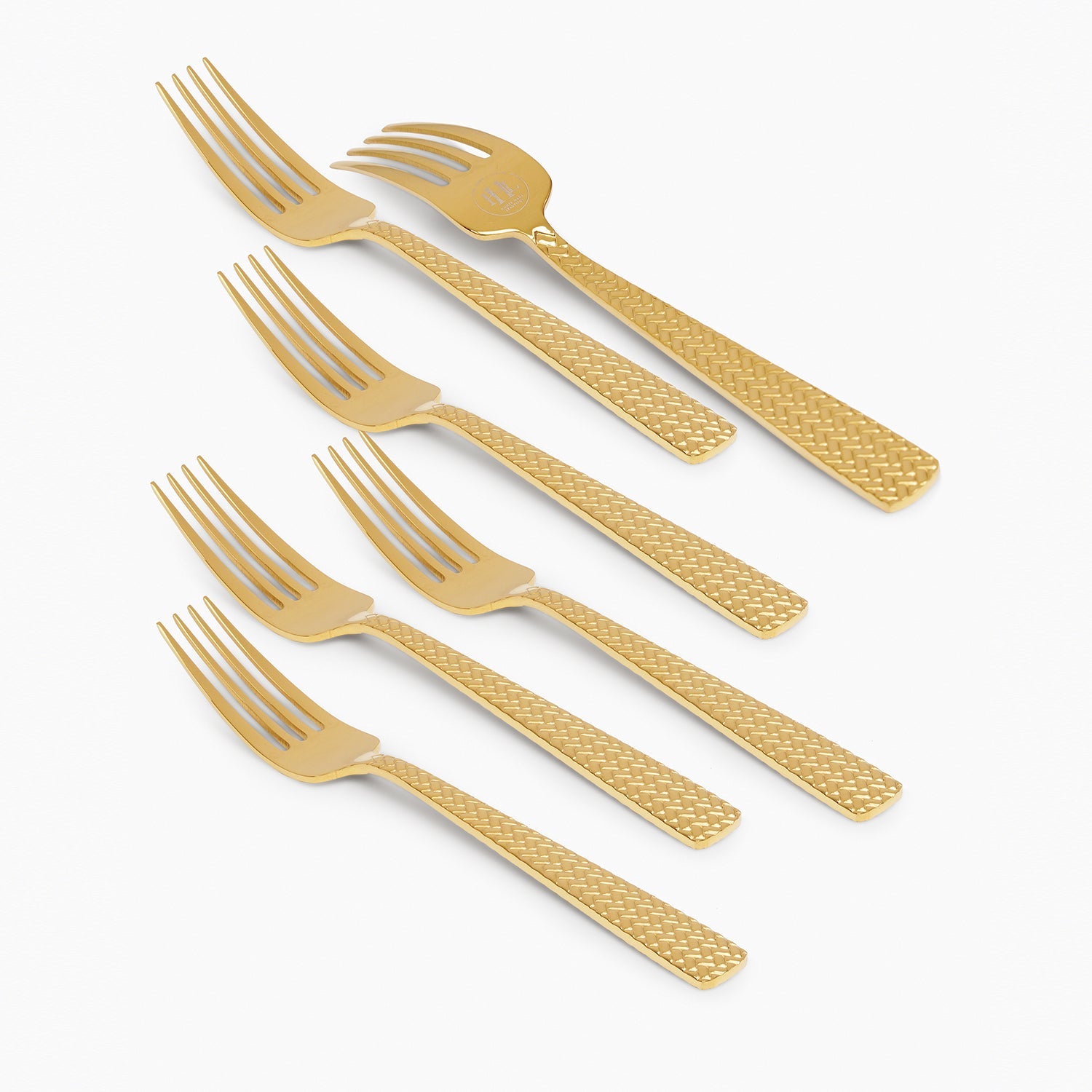 Set Of 6 Gold Steel Dessert Forks with Zig Zag Texture