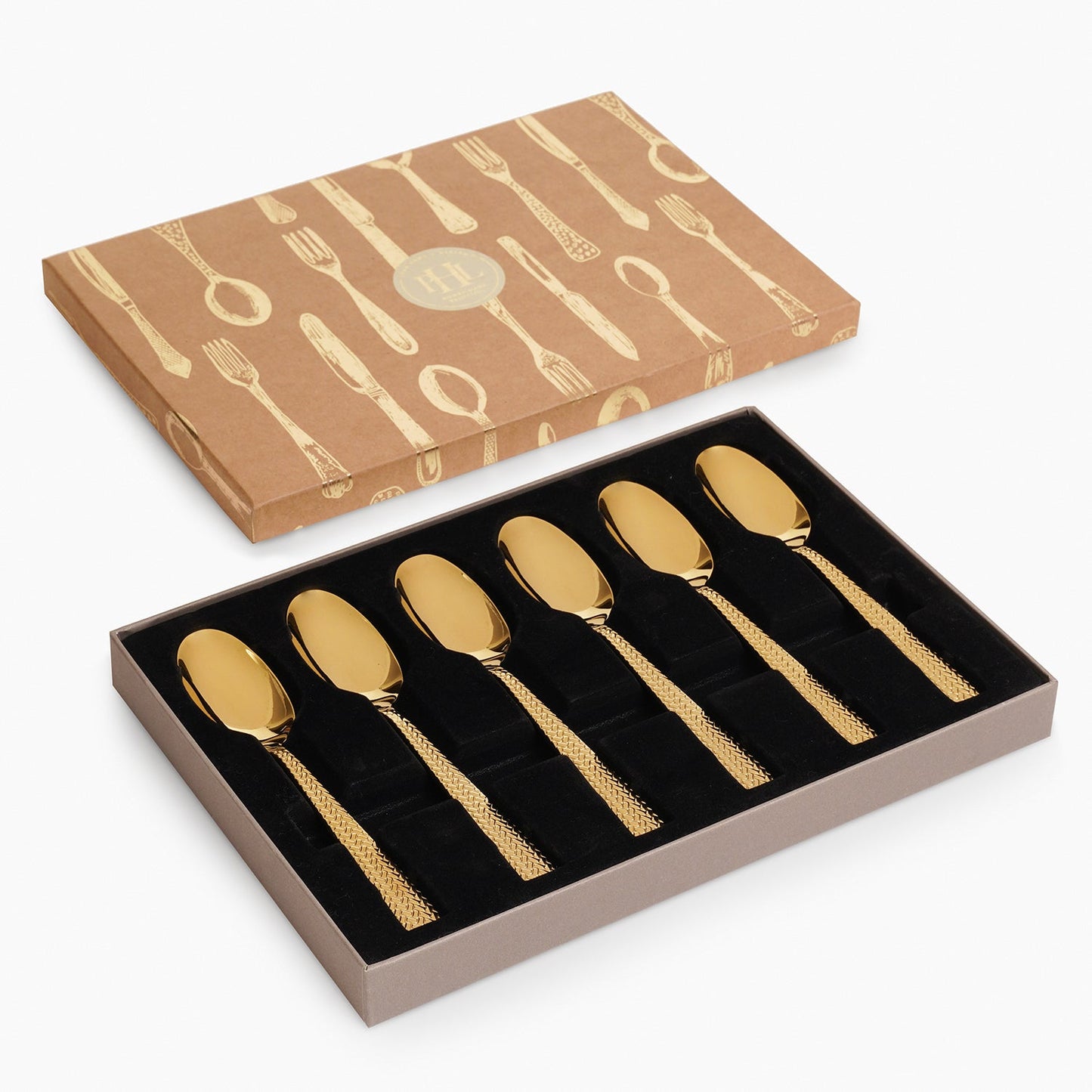 Set Of 6 Gold Steel Dessert Spoons with Zig Zag Texture