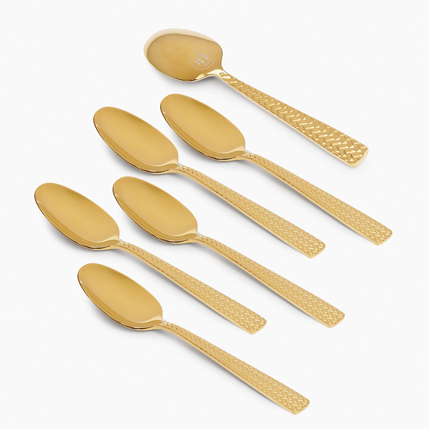 Set Of 6 Gold Steel Dessert Spoons with Zig Zag Texture