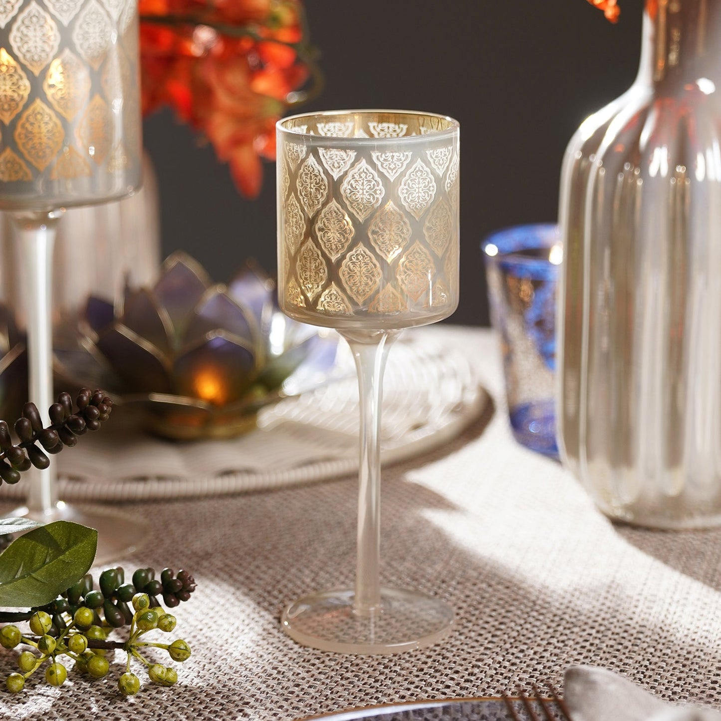 Peral Pattern Glass Stem Candle Holder - Small