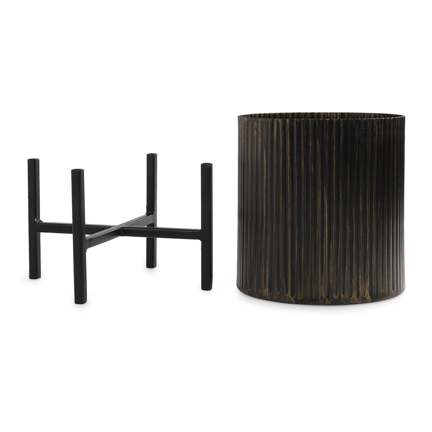 Brown Metal Textured Flower Pot with Stand - Small