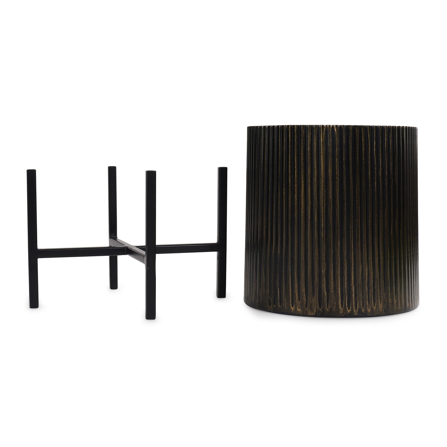 Brown Metal Textured Flower Pot with Stand - Medium