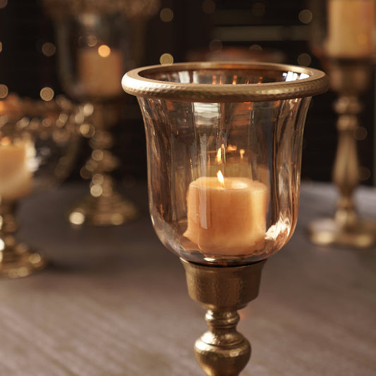 Amber & Gold Glass Hurricane Candle Holder
